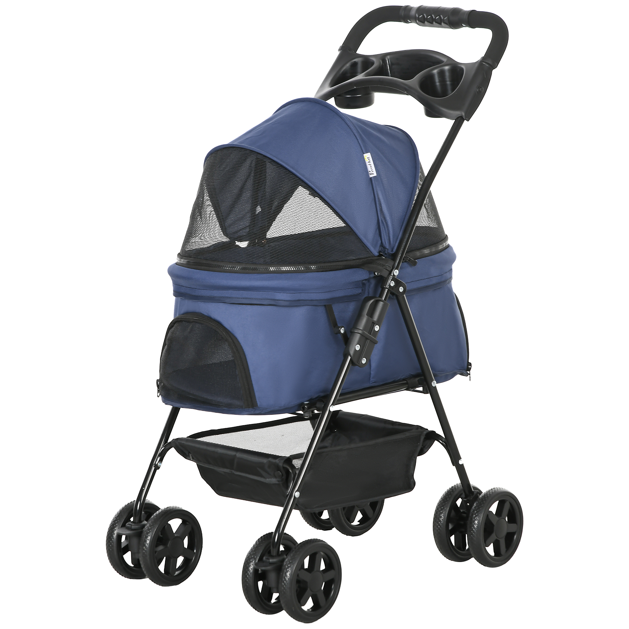 PawHut Faltbarer Haustierkinderwagen Buggy für Hund Katze mit Aufbewahrungskorb und Becherhalter aus wasserdichtem 300D Oxford(4 Räder, Dunkelblau) Aosom