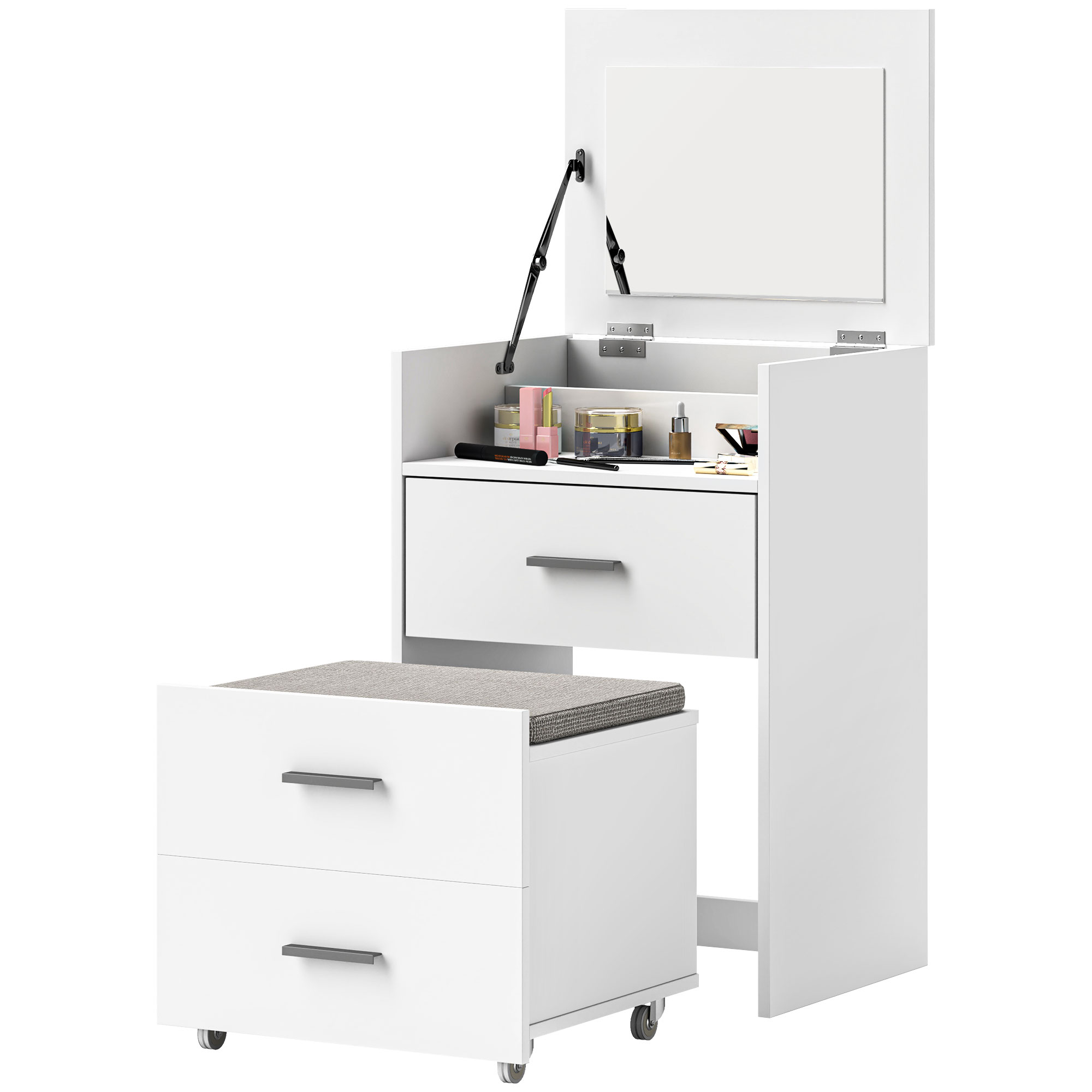 HOMCOM Schminktisch mit Klappbarem Spiegel, Hocker mit Rollen und 2 Schubladen, Schminktisch aus MDF und Hocker mit abnehmbarem und waschbarem Samtstoffkissen, Weiß Aosom