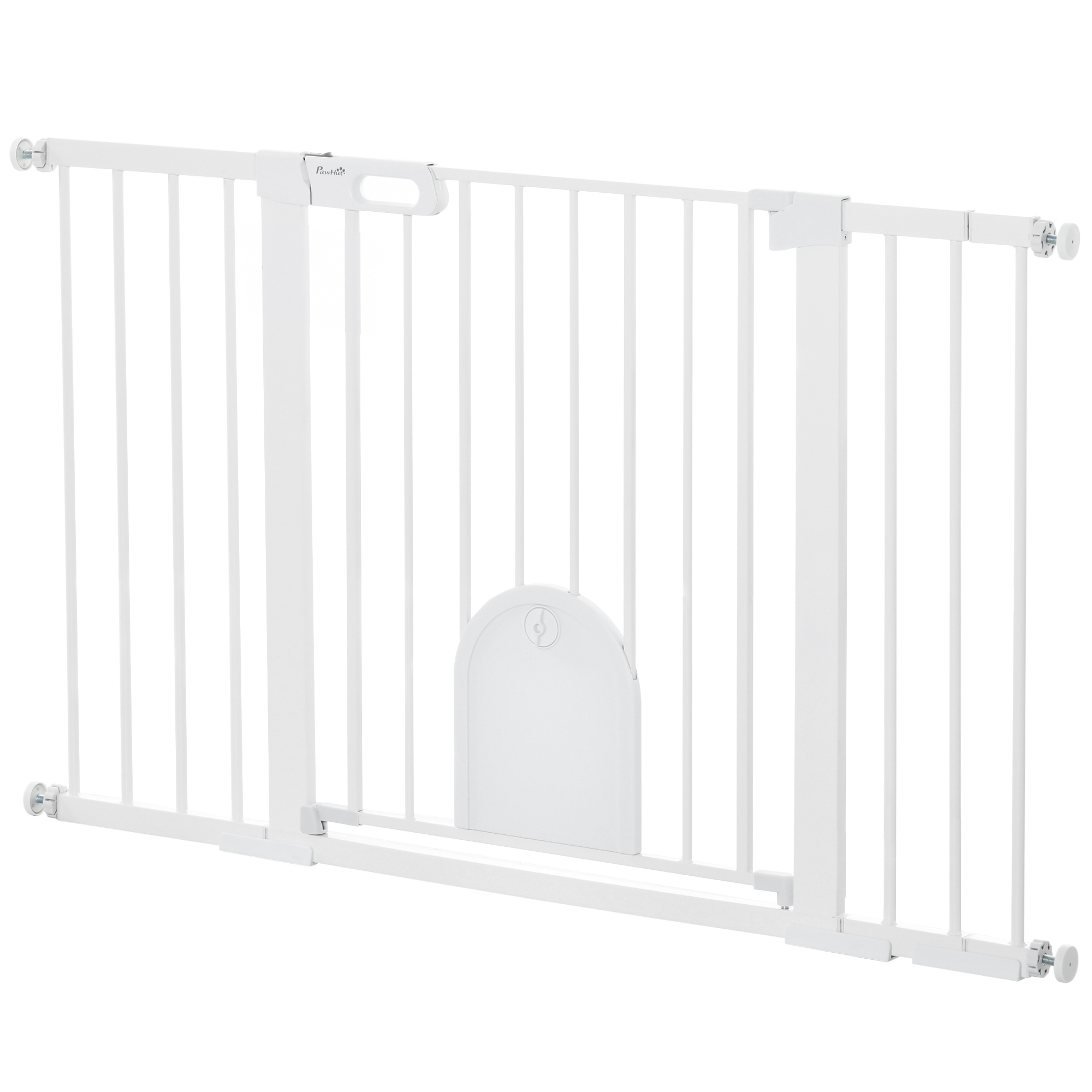Comparer les prix de PawHut Barrière pour Chiens Extensible avec Porte Automatique, en Métal et ABS, 75-131x76 cm, Blanc