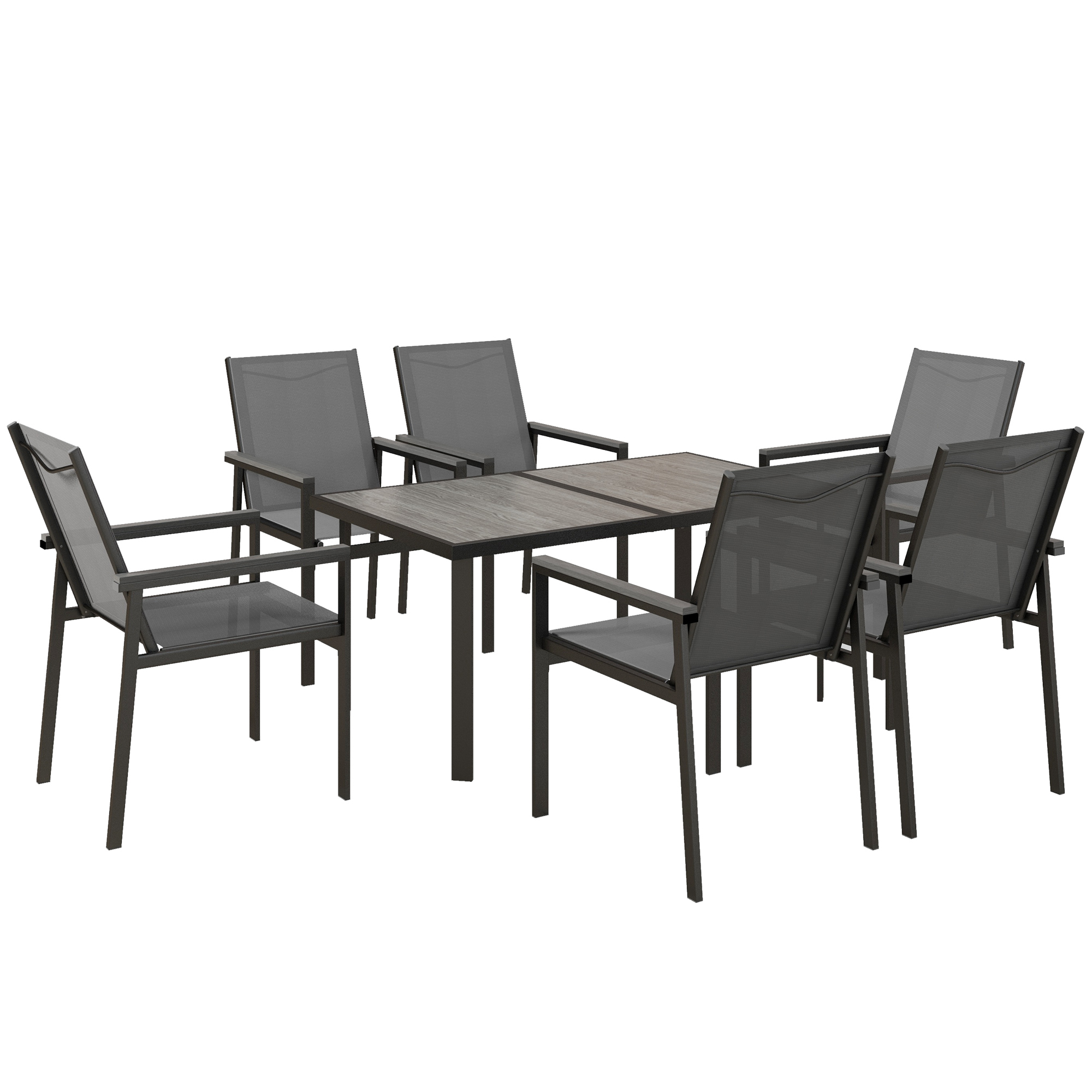 Outsunny Set da giardino 7 pezzi con 1 tavolo da pranzo e 6 sedie - piano in vetro temperato effetto legno grigio