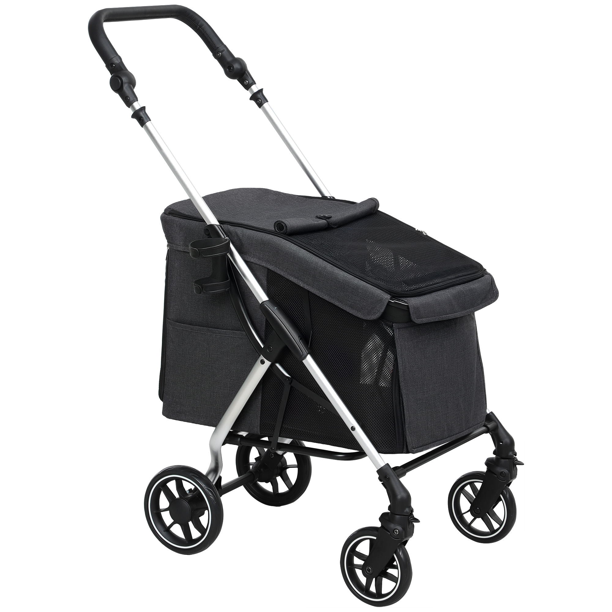 PawHut Carrito para perros 4 ruedas ligero y plegable, cojín lavable, correa de seguridad, ventanas de malla múltiples, gris