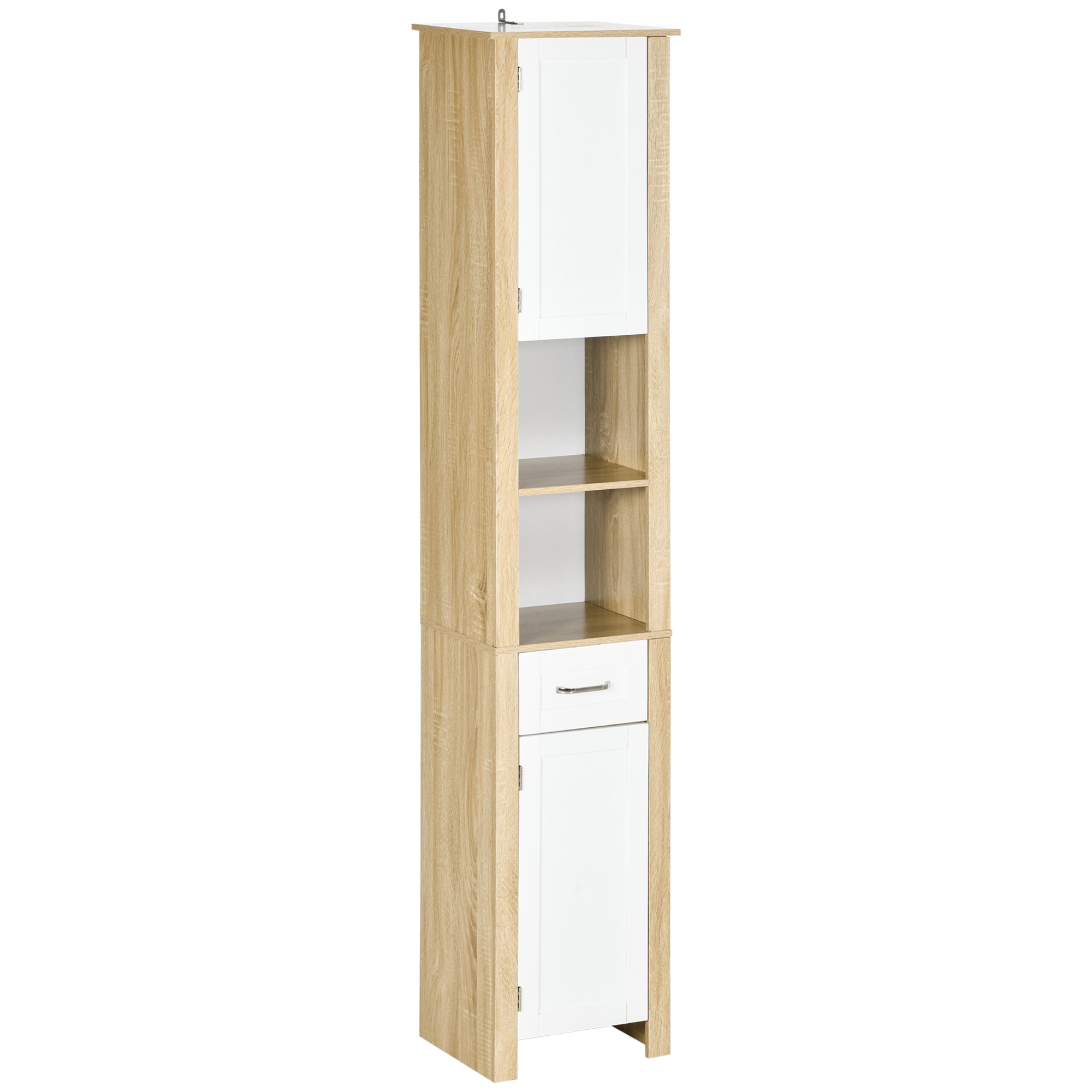 Kleankin Badezimmerschrank Hoch in Spanplatte mit einer Schublade, 2 Schränken und 2 Verstellbaren Regalen, 37x30x184 cm, Weiß und Naturfarben Aosom