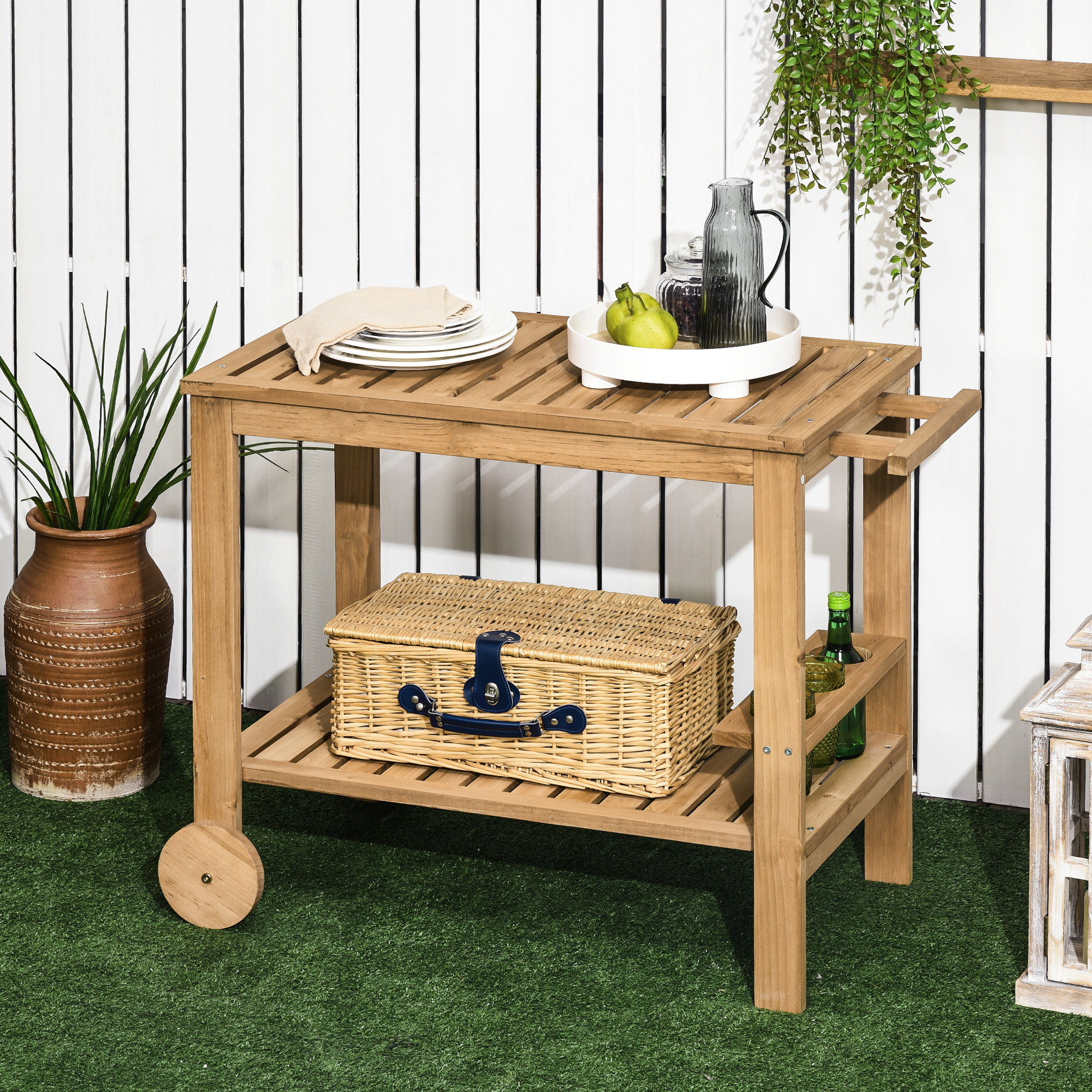 Outsunny Gartenwagen für Plancha-Grill aus Holz mit Handgriff, 2 Tabletts u günstig online kaufen