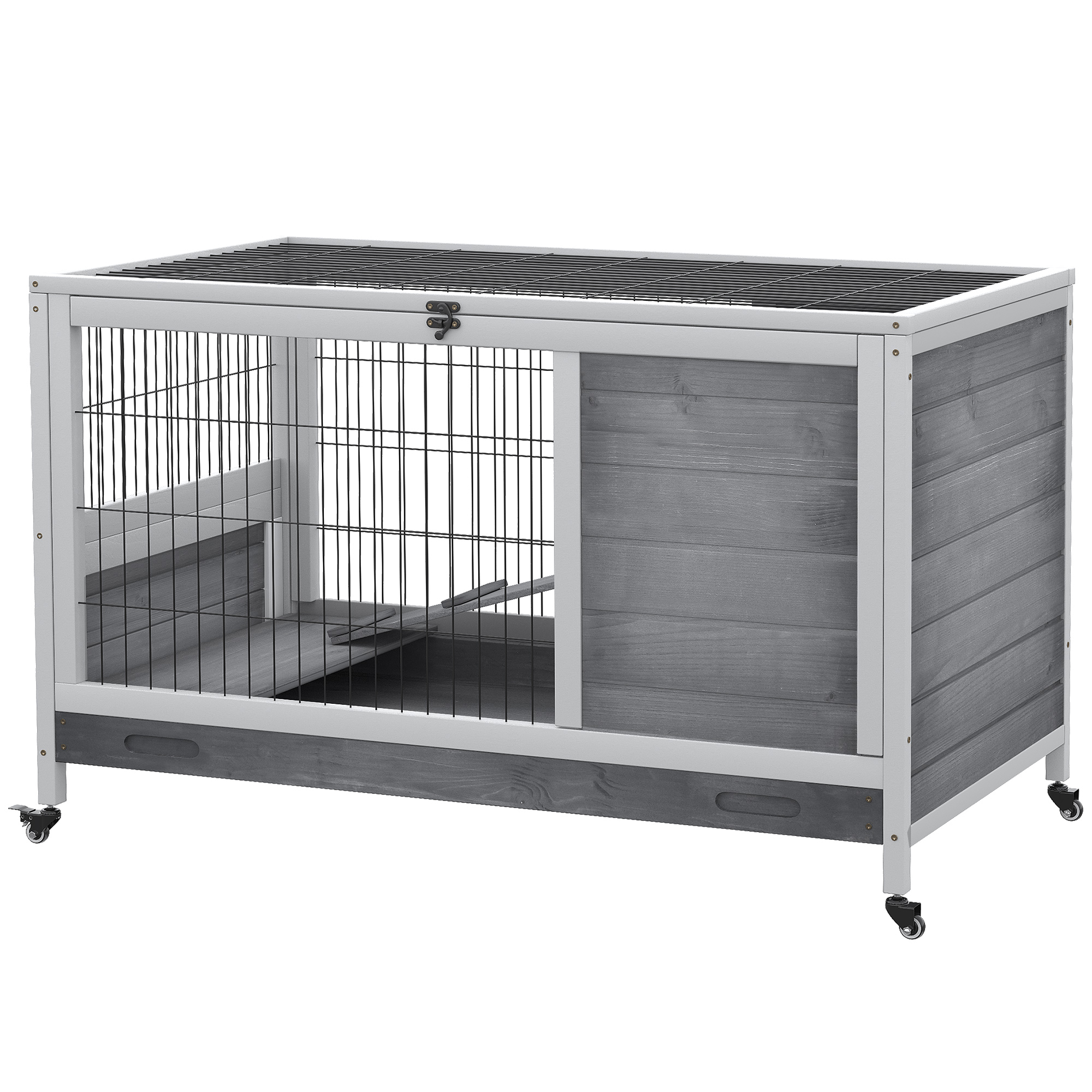 Comparer les prix de PawHut Cage en Bois pour Lapins avec 4 Roues, Maison et Rampe, 90x53x59cm, Gris