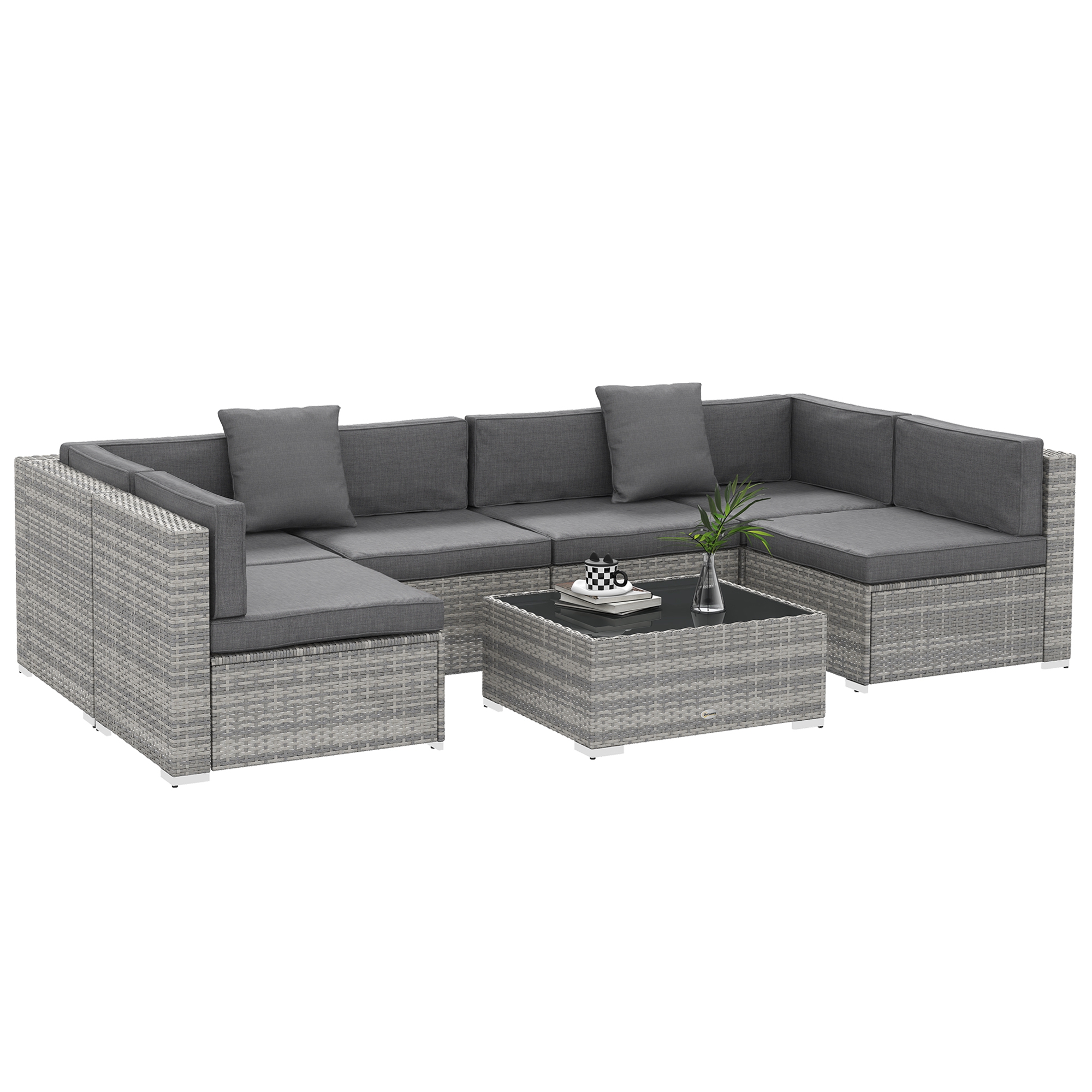 Outsunny Conjunto salón de jardín 7 piezas modulables mesa de café con tapa de vidrio templado cojines desenfundables incluidos Gris   Aosom España