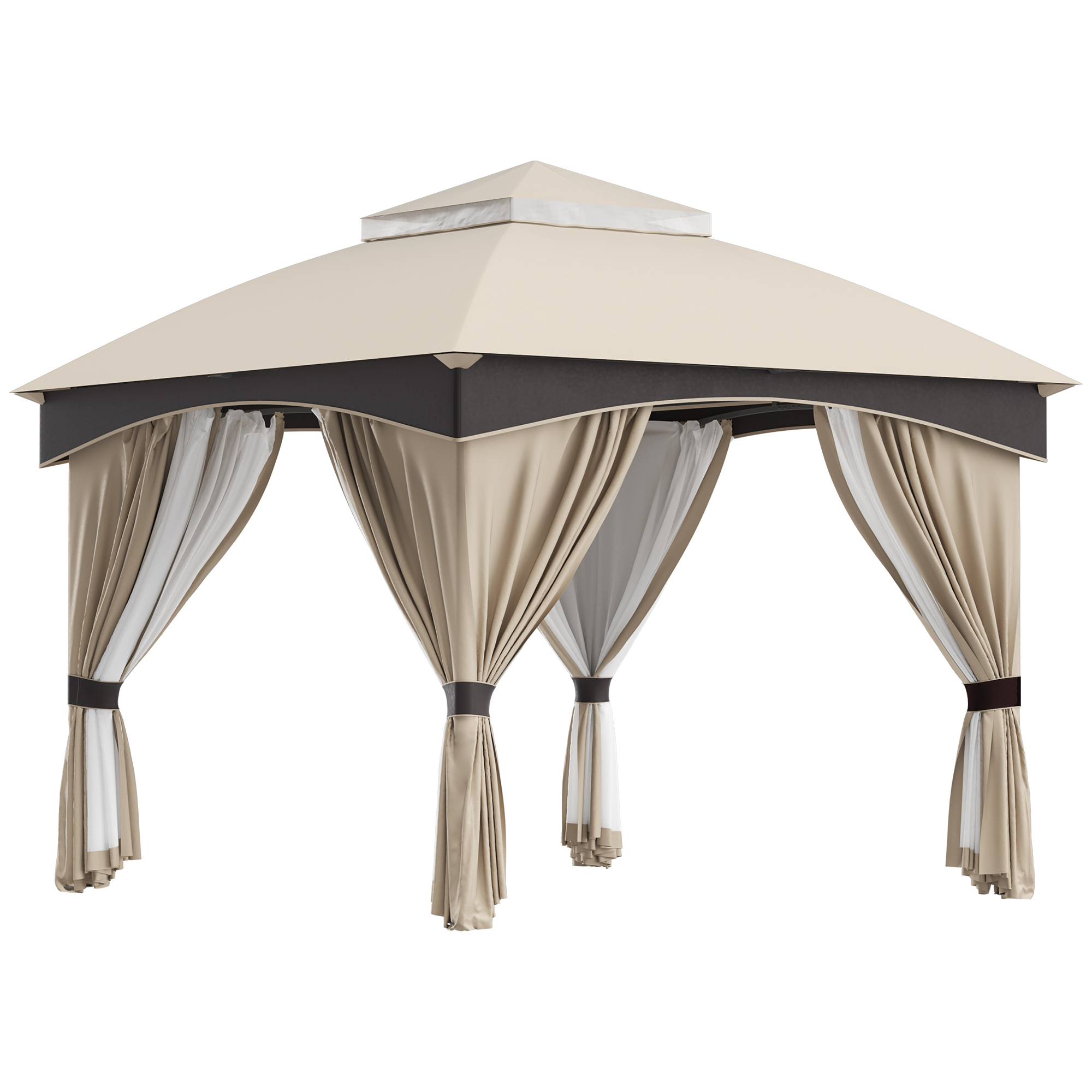 Outsunny Gazebo de Jardín 3x3m en Acero con Doble Techo y Cortinas, Beige y Gris