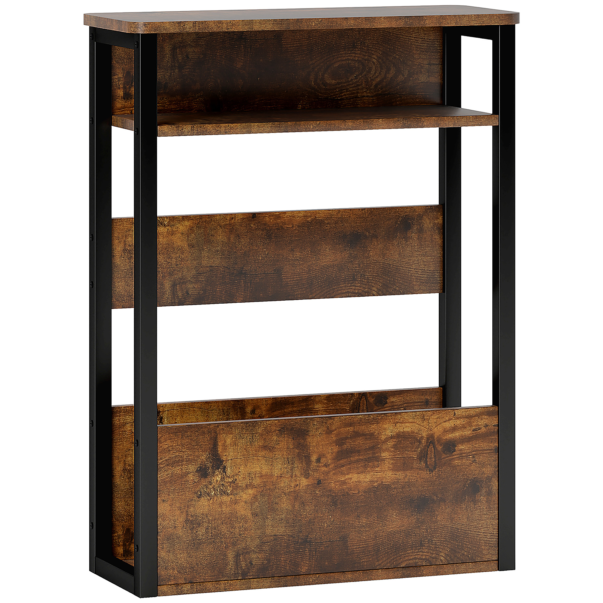 HOMCOM Mesa auxiliar mesita de noche con estante de dos niveles esquinas redondeadas 46l x 18p x 58,5h cm marrón rústico