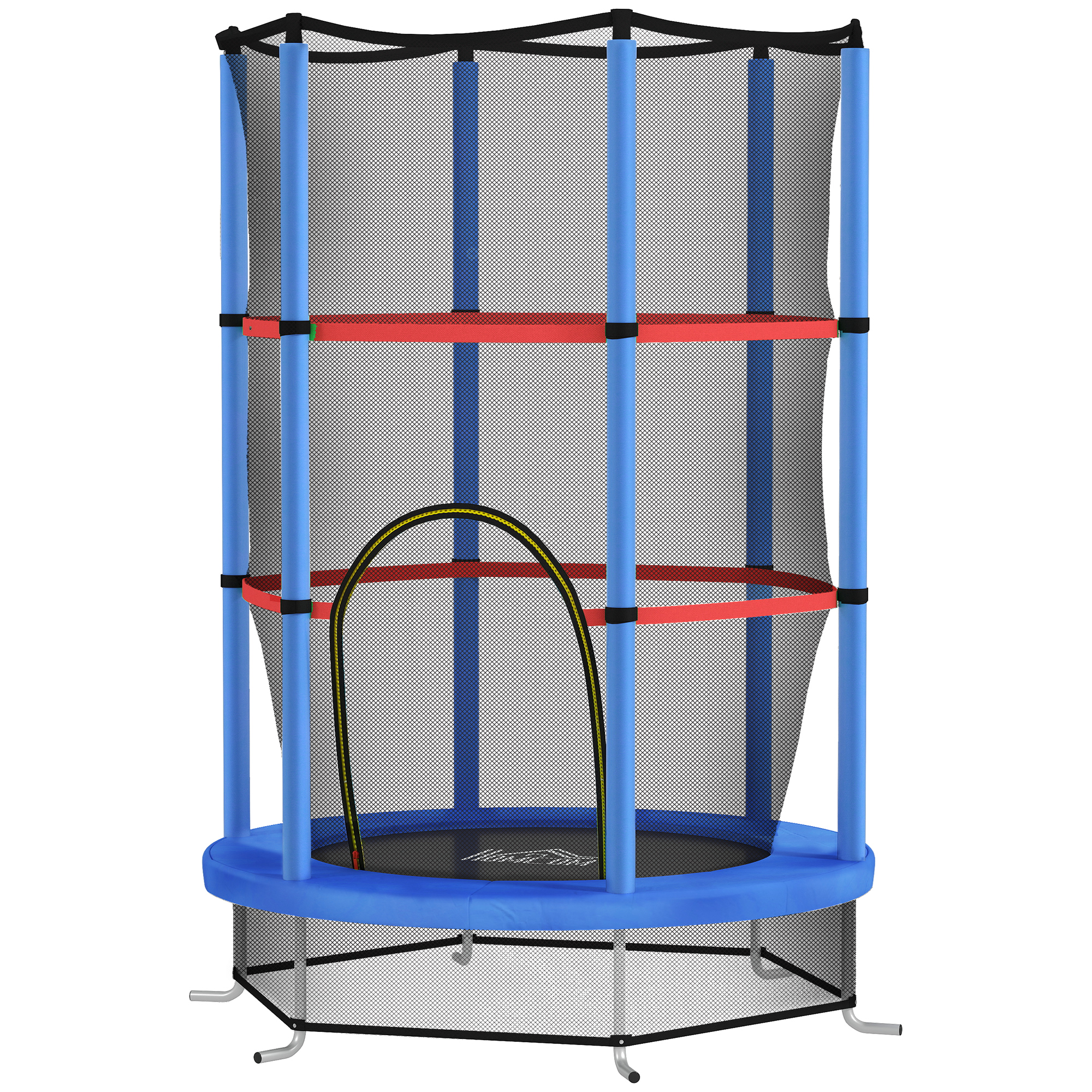 HOMCOM Tapis de Saut Élastique pour Enfants 3-6 Ans avec Filet de Protection, 6 Colonnes et 3 Entrées, Ø140x190 cm, Bleu et Noir