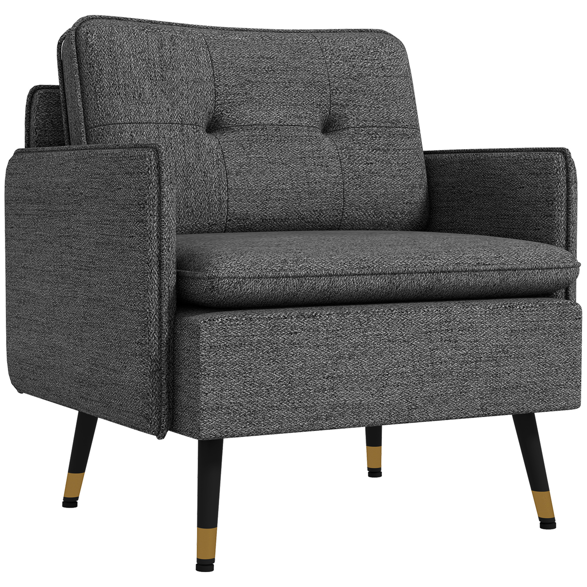 Image of HOMCOM Poltrona scandinava schienale trapuntato con piping in tessuto 76 x 68 x 80 cm grigio e piedi in metallo nero e dorato cod005