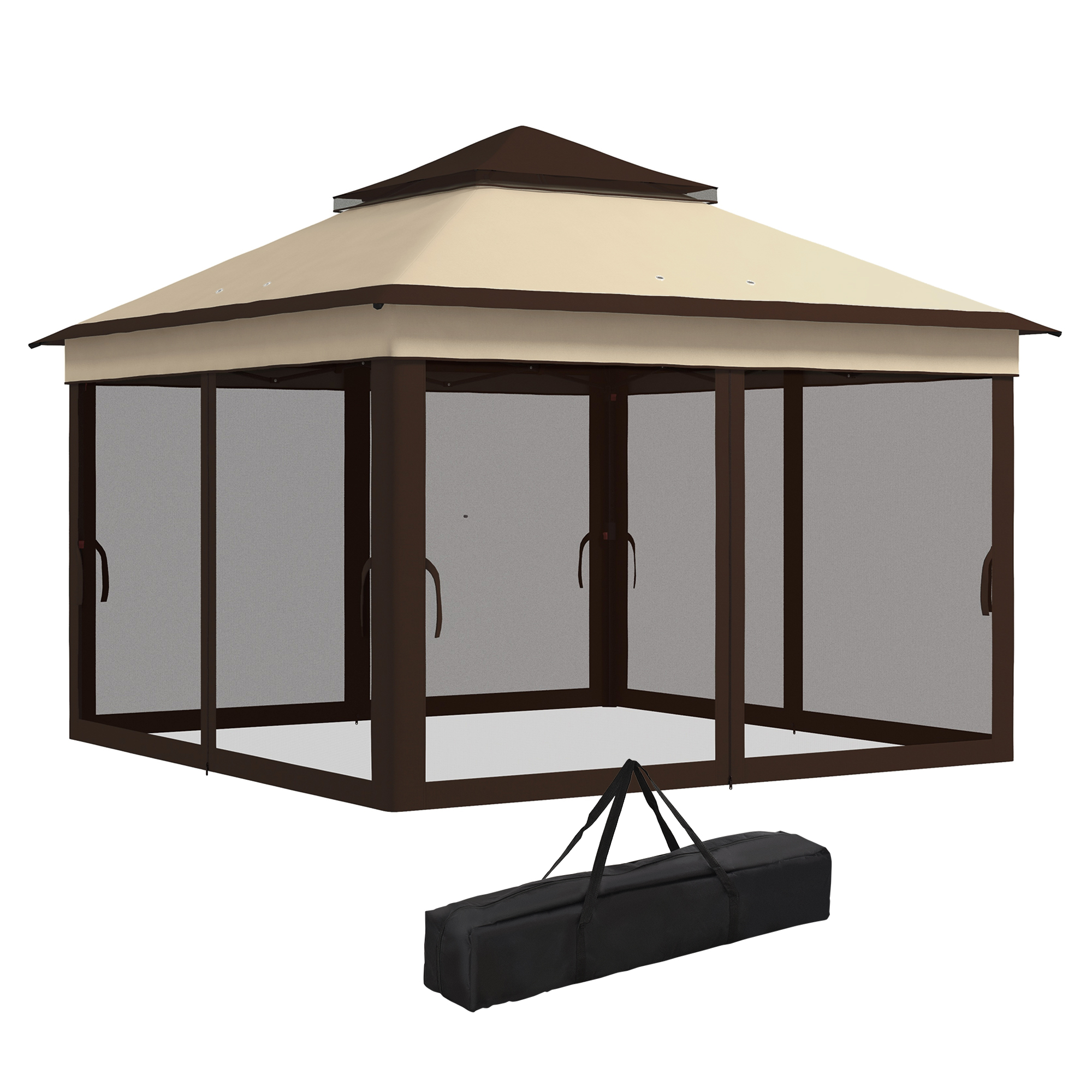 Outsunny Klappbarer Pop-Up Pavillon mit abnehmbaren Netzstoffwänden, höhenverstellbar und Transporttasche, Stahl und Oxford-Gewebe, UV 30+, für Garten, Partys, Camping, Kaffee Beige Aosom