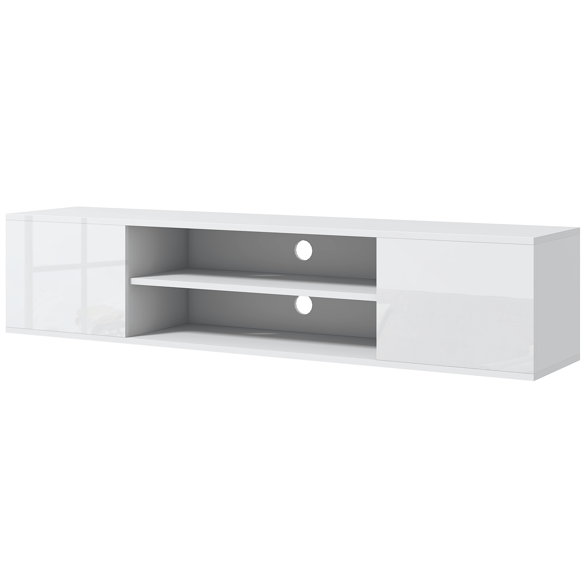 HOMCOM Mueble banc TV mural suspendido estilo contemporáneo 2 armarios 2 nichos centrales y 2 pasacables 140 x 30 x 30 cm blanco