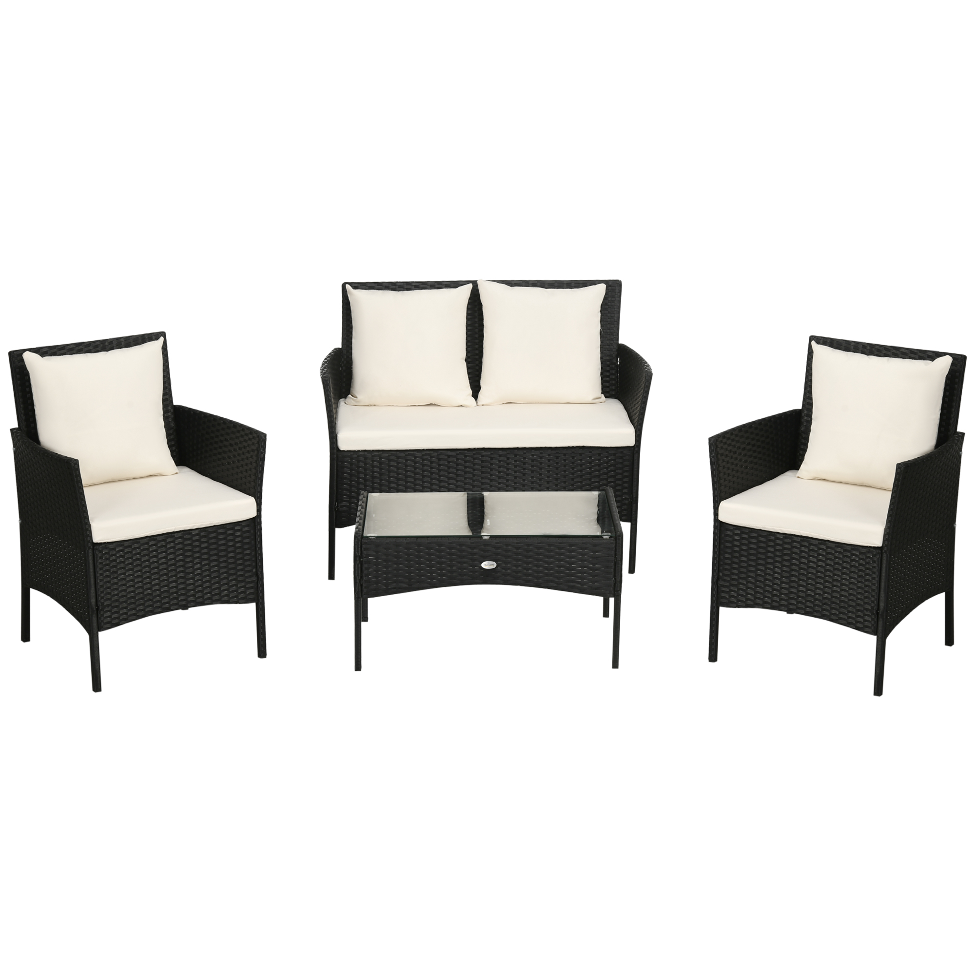 Outsunny Gartenmöbel-Set 4-teilig aus Rattan mit 2 Stühlen, 2-Sitzer-Gartensessel und Niedrigem Kaffeetisch, Schwarz und Creme Aosom