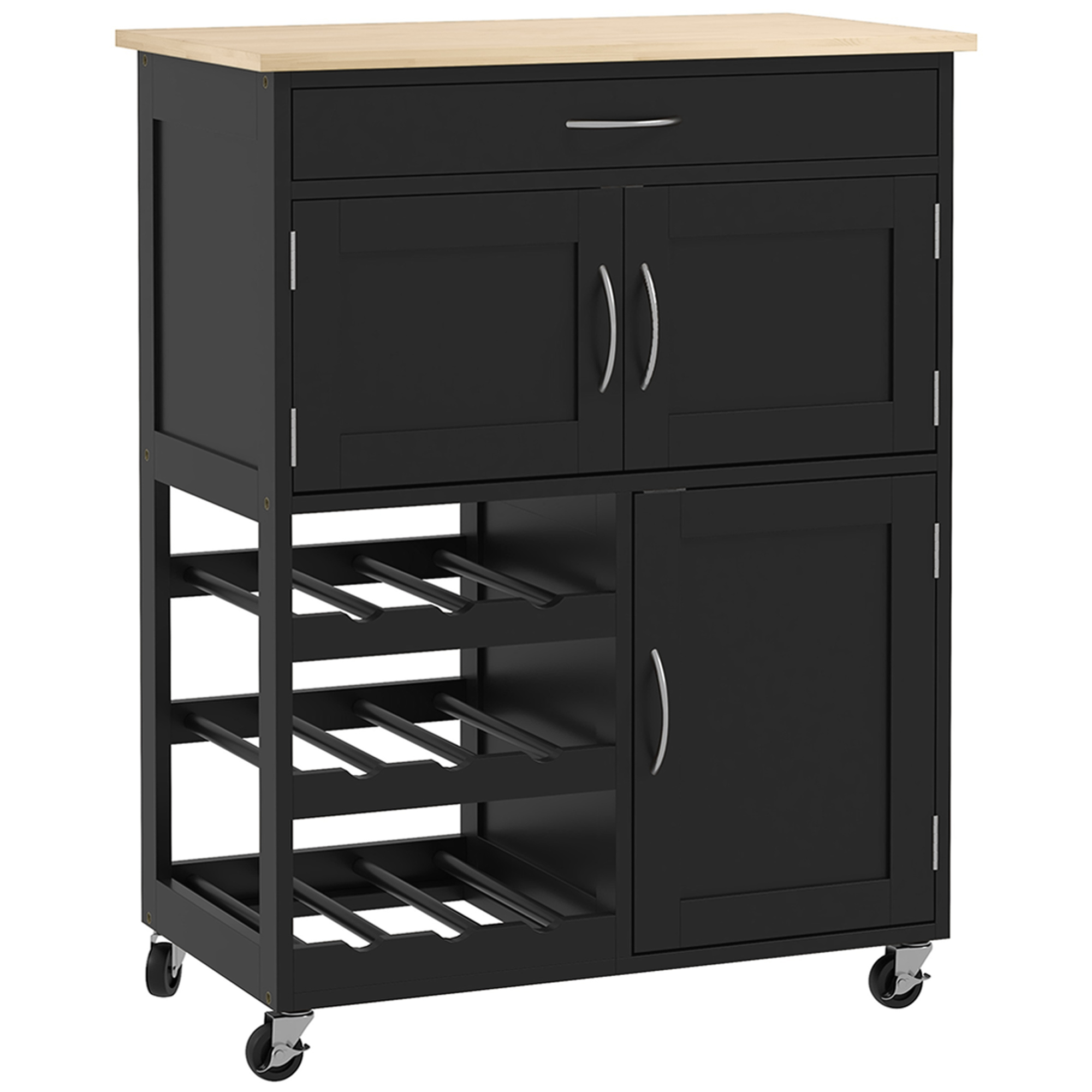 HOMCOM Servierwagen mit Flaschenregal, 3 Türen, 4 Rollen und Schublade, Platzsparender Küchenwagen für Mikrowelle und Gewürze aus Holz, 67x37x87 cm, Schwarz und Eiche Aosom