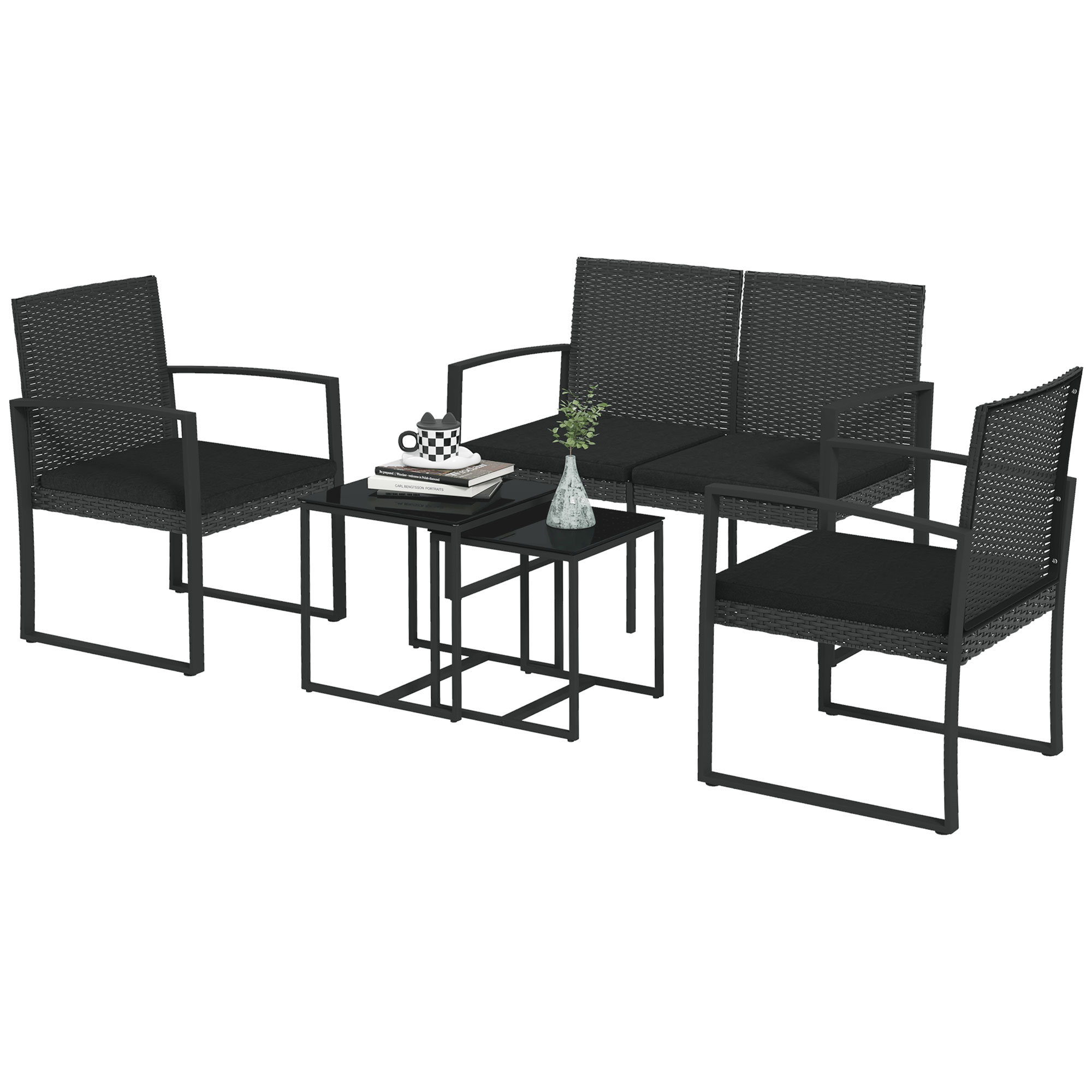Outsunny Ensemble de Jardin avec 2 Chaises, Canapé et 2 Tables avec Coussins et Plateau en Verre, Noir