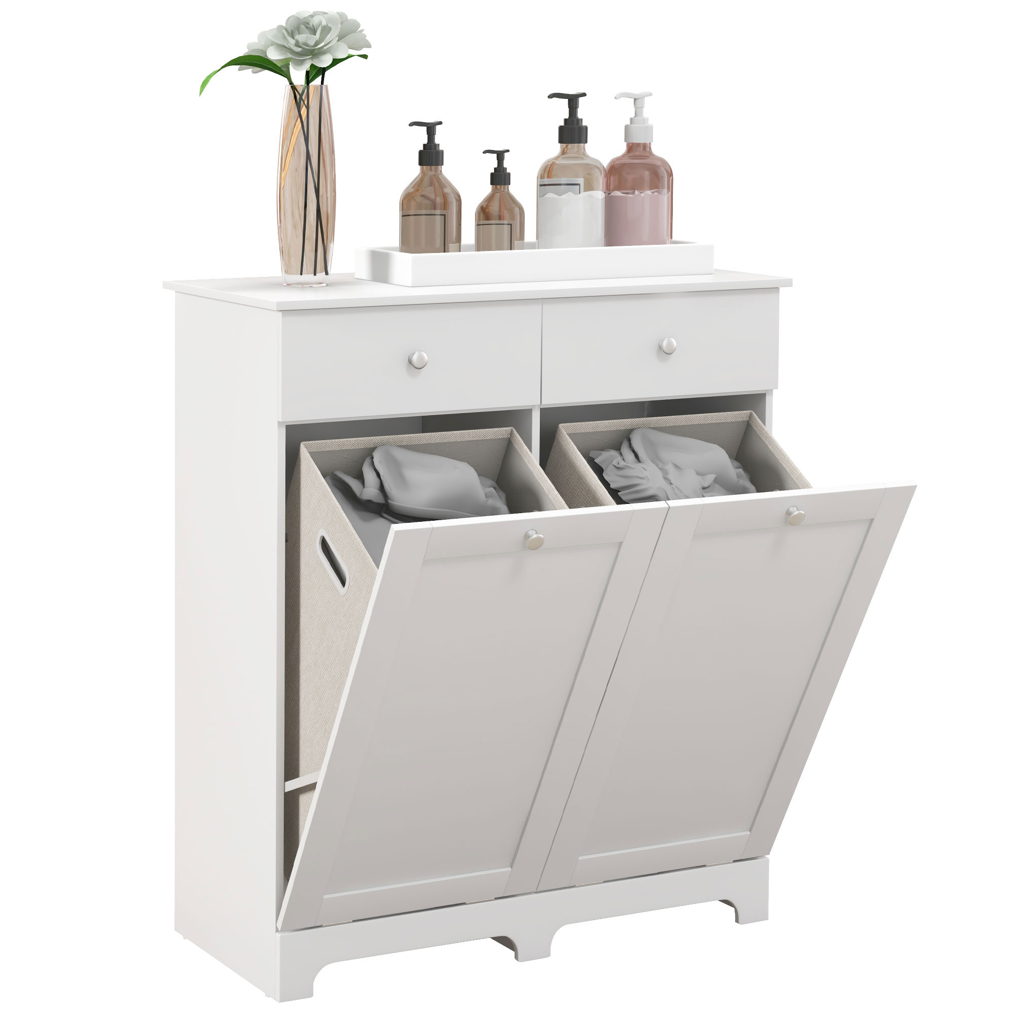 HOMCOM Mobile da bagno, mobile portaoggetti, con cesti per il bucato pieghevoli 2 cassetti, 78L x 40l x 90,5H cm, bianco