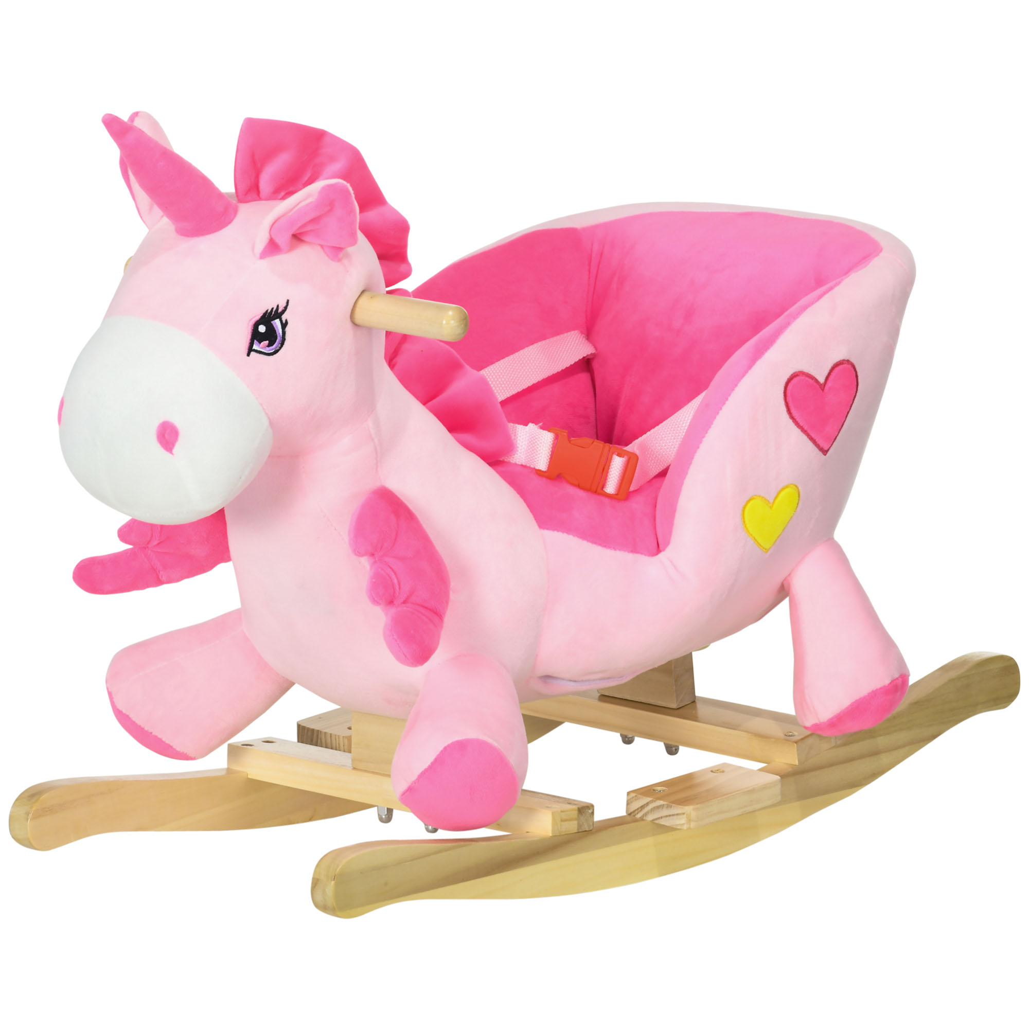 HOMCOM Cheval à Bascule Licorne avec 32 Chansons, Base en Bois et Ceinture de Sécurité, Âge 18-36 Mois, Rose