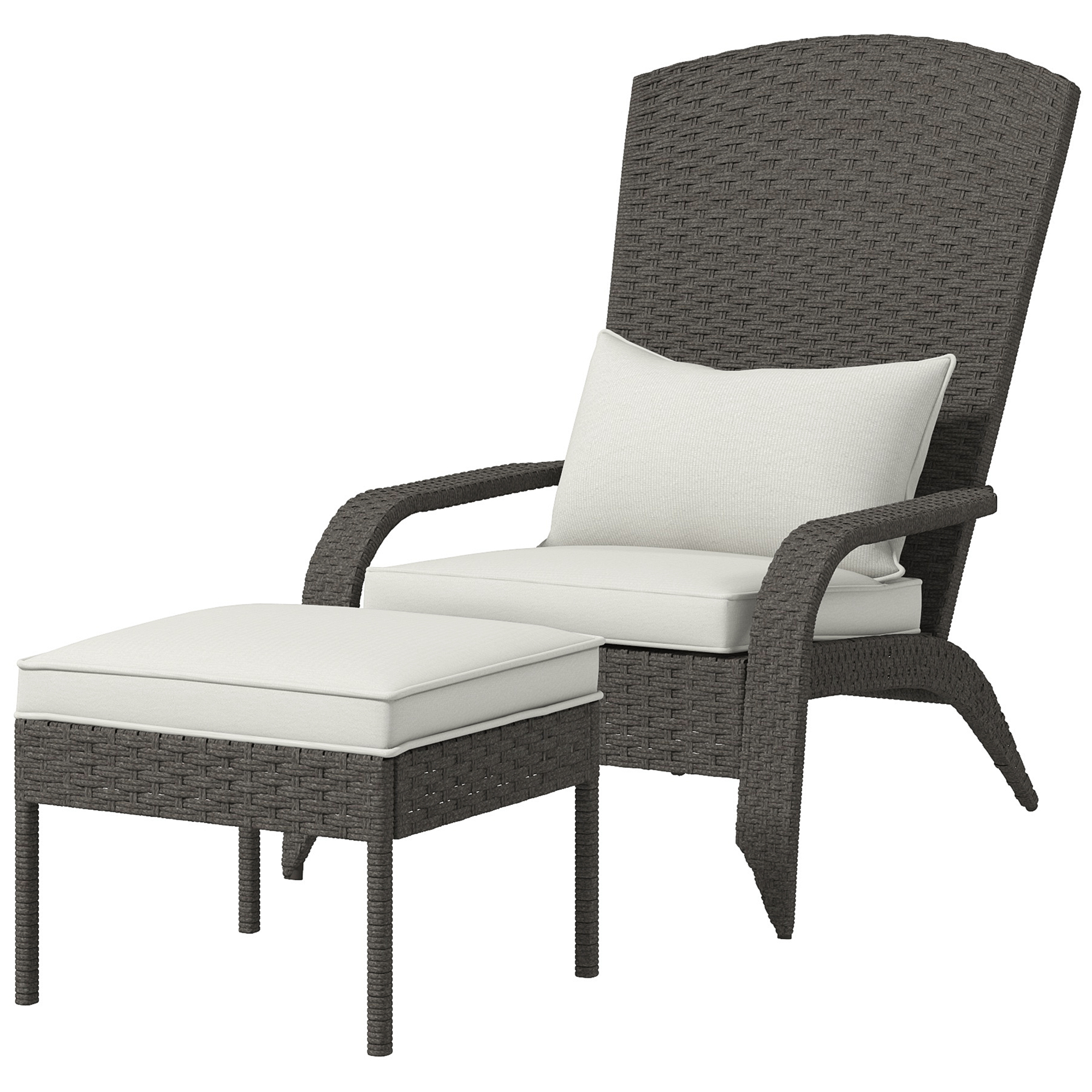 Outsunny Gartenstuhl mit Fußhocker, Armlehnen und gepolsterten Kissen, Adironrack Stuhl aus Rattan und Stahl, 64x82x89 cm, Grau und Cremeweiß Aosom
