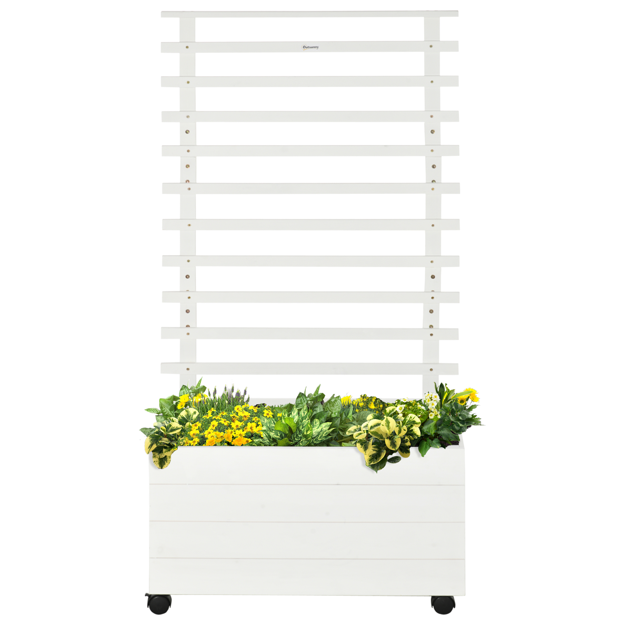 Outsunny Jardinière Verticale avec 4 Roues et Treillis pour Plantes Grimpantes en Bois, 76x30x155cm, Blanc