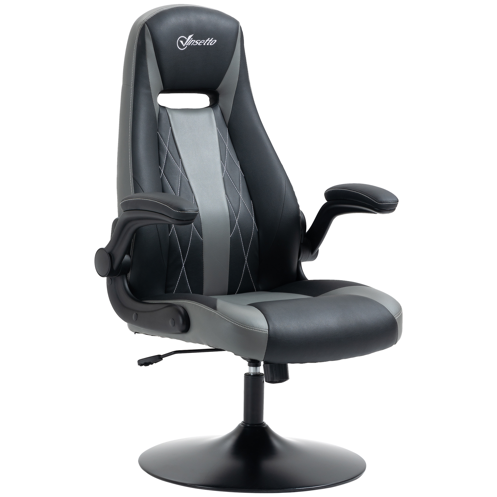 Vinsetto Ergonomischer Gaming-Stuhl mit 360° drehbarer runder Metallbasis Höhenverstellbarer Nackenkissen Klappbare Armlehnen PVC Grau Schwarz Aosom