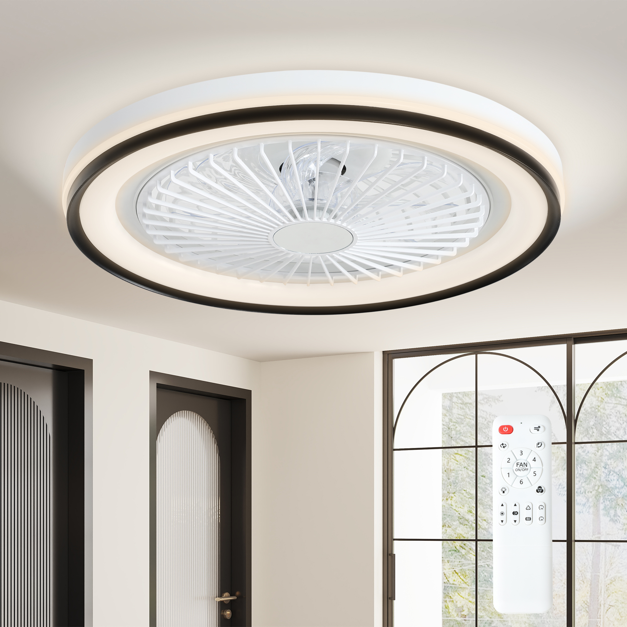 HOMCOM Ventilador de Techo con Iluminación RGB 6 Velocidades Motor Reversible y Control Remoto Potencia 48,5W Ø48x13 cm Blanco