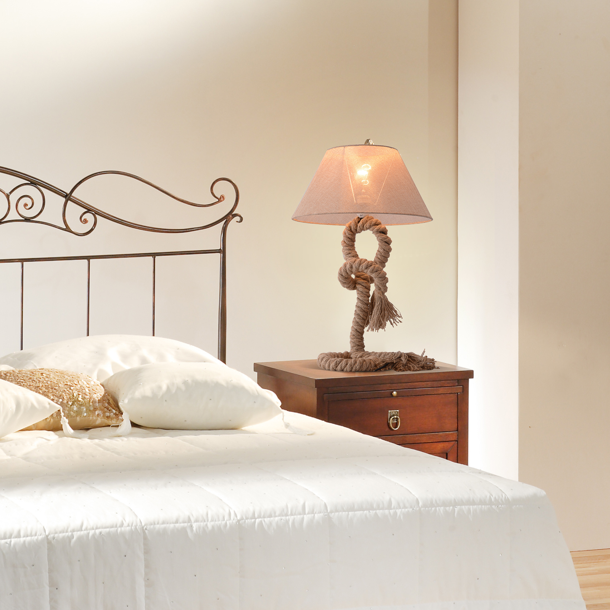 HOMCOM Table Lamp Bedside Light Indispensable Nautical Twisted Rope Glow E27 Bedroom Living Room Beige 2