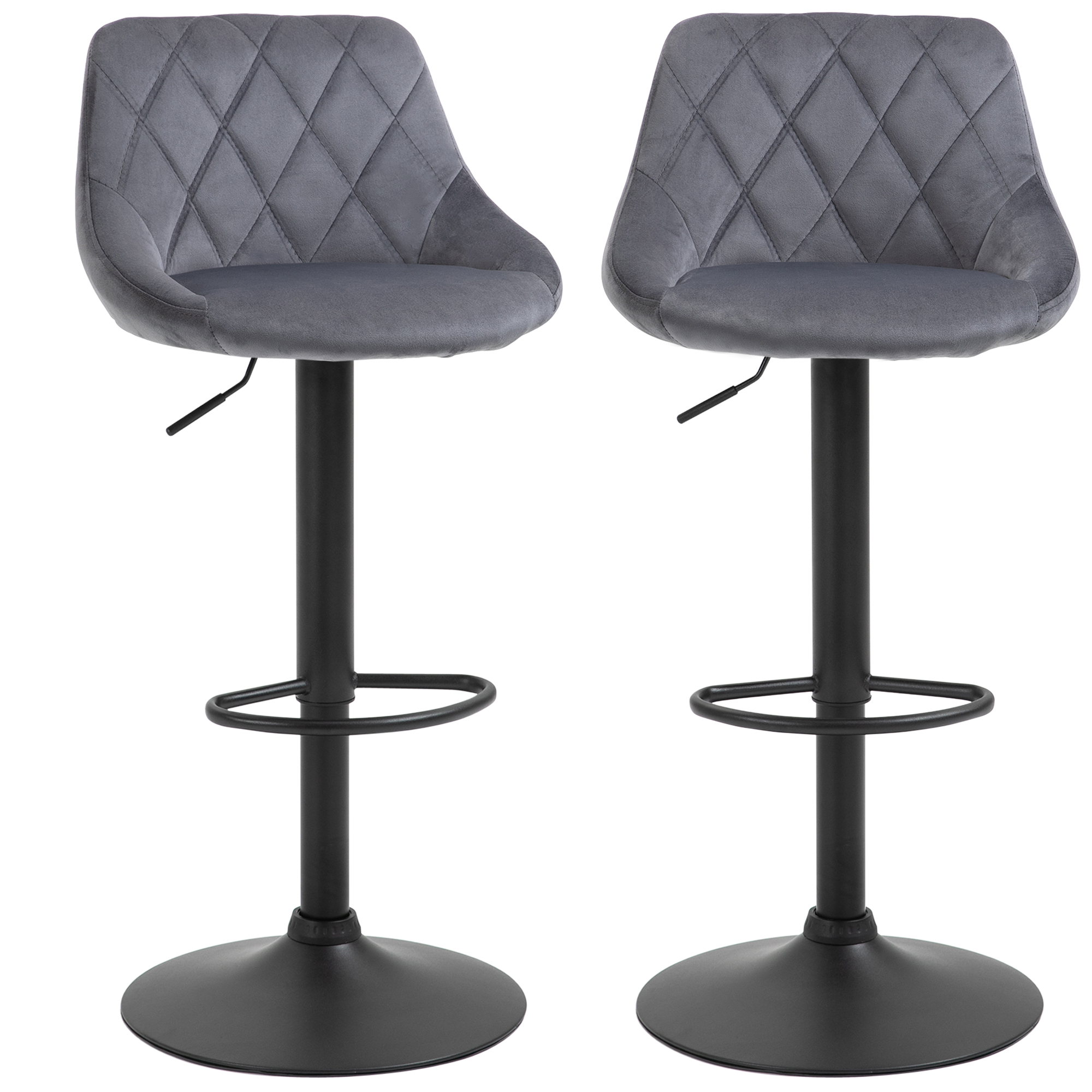 HOMCOM Lot de 2 Tabourets de Bar, Hauteur Réglable avec Base en Métal et Siège en Velours, Tabourets Modernes avec Dossier et Repose-Pieds, 46x48x83-104cm, Gris et Noir