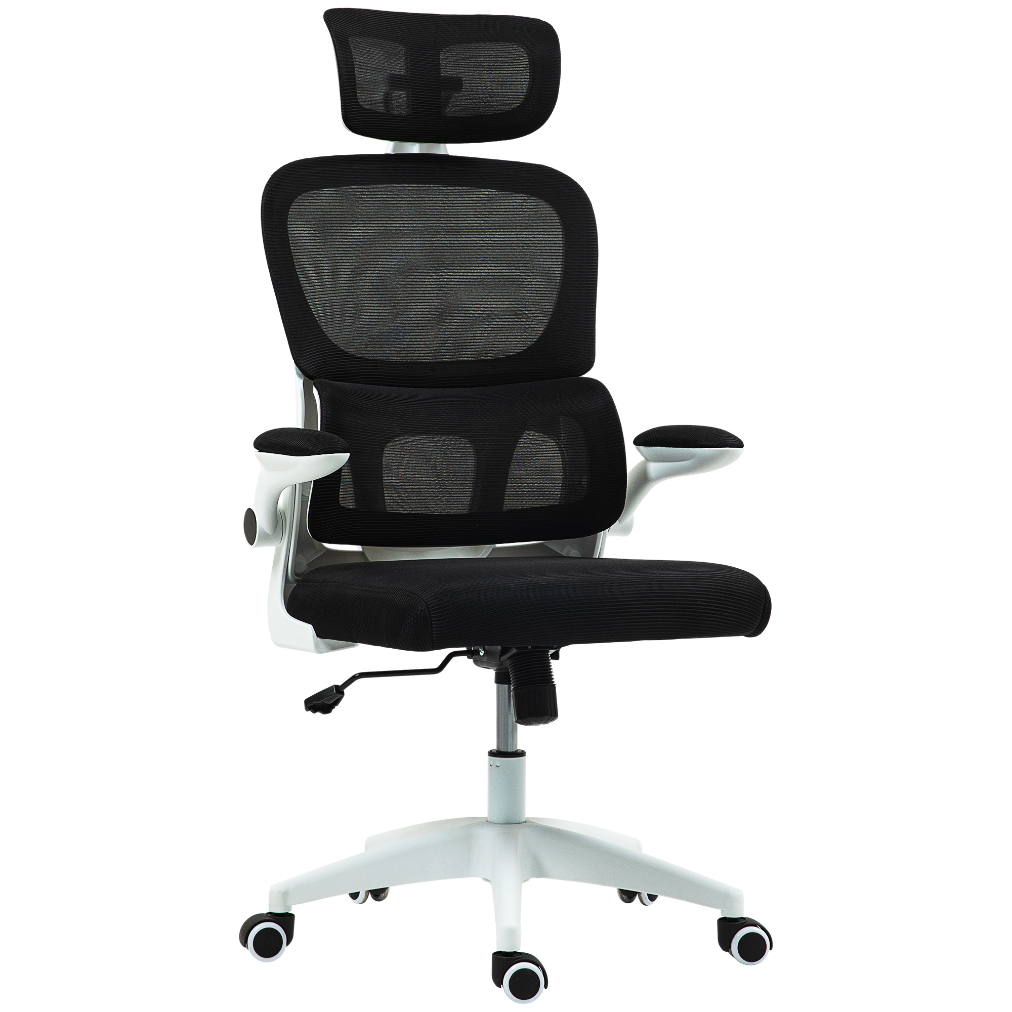 HOMCOM Chaise de Bureau Pivotante avec Appuie-Tête et Hauteur Réglables, Accoudoirs Rabattables et Inclinaison, Noir