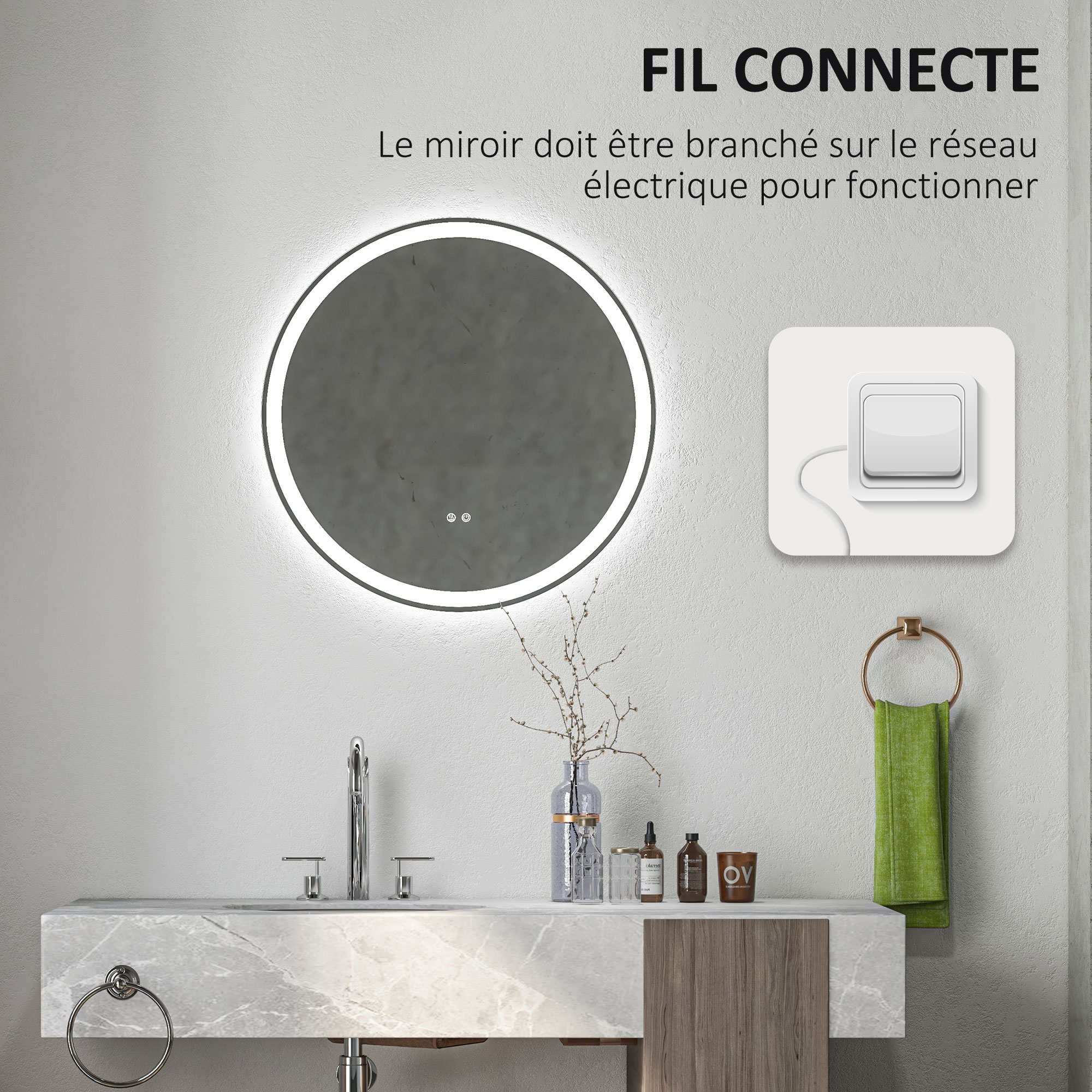 Kleankin Specchio Bagno Con Luce Led E Interruttore Touch, Mensola In Vetro E Struttura Alluminio 50x15 1x70cm Argento 89150941