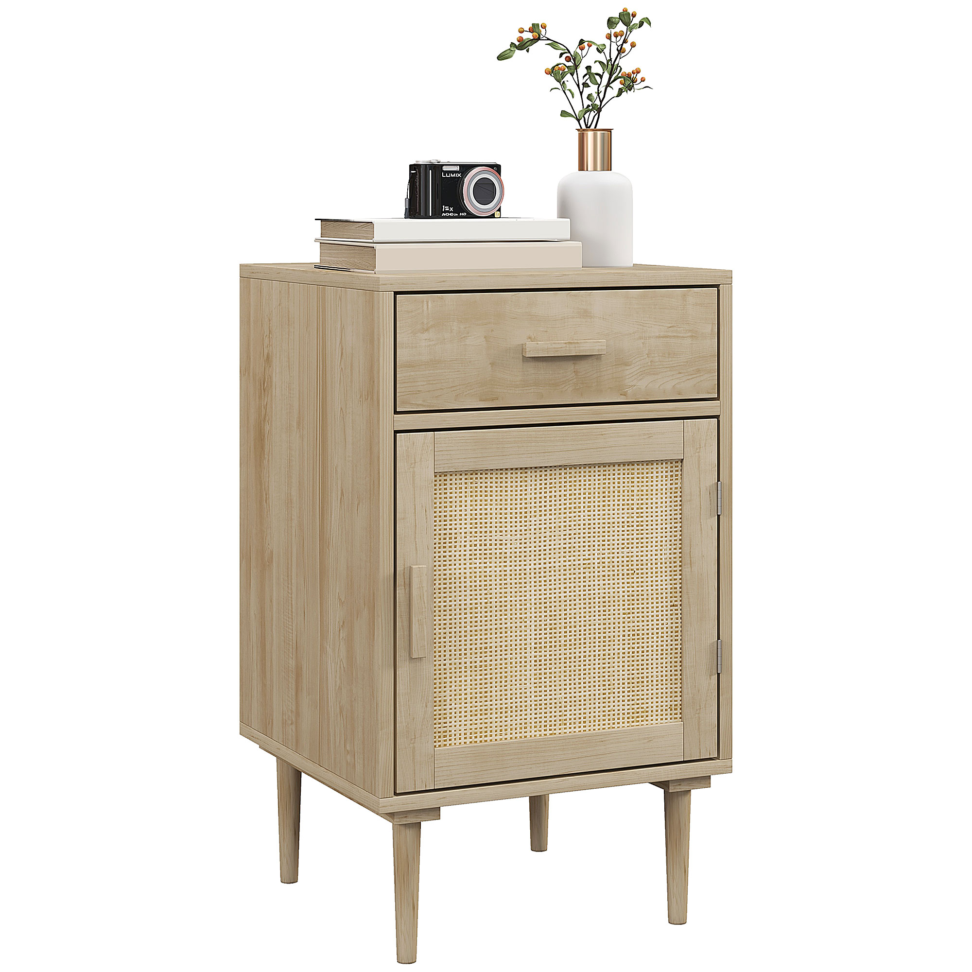 HOMCOM Comodino con armadio e ripiano porta in rattan intrecciato 1 cassetto design bohémien - 40 x 40 x 68,5 cm naturale