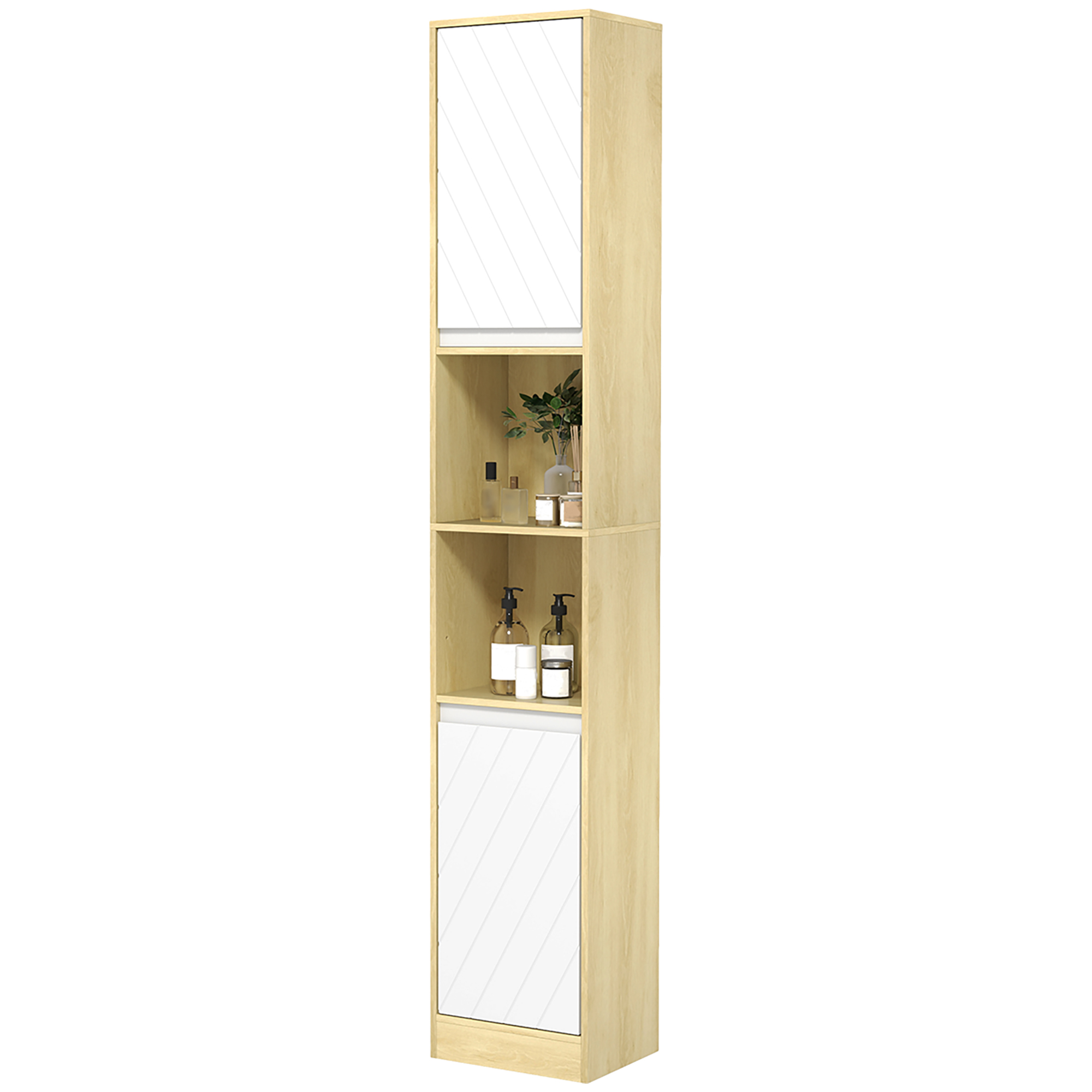 HOMCOM Badezimmerschrank aus Holz mit 2 Schränken und verstellbaren Regalen, Säulendesign, 30x24x170 cm, Eiche und Weiß Aosom
