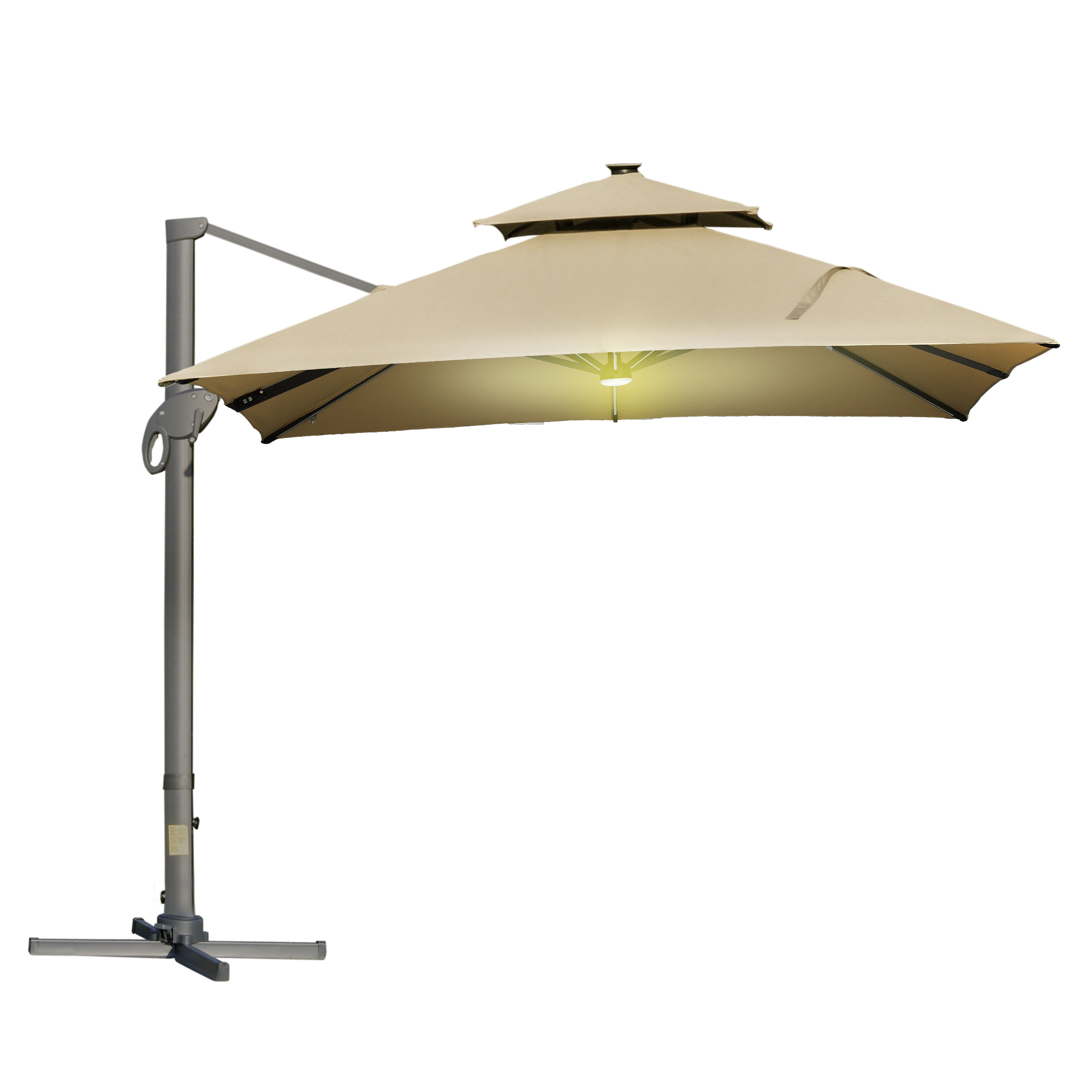 Outsunny Parasol desplazado LED cuadrado de doble techo inclinable giratorio 360° manivela base de acero dim. 3L x 3l x 2,66H m beige