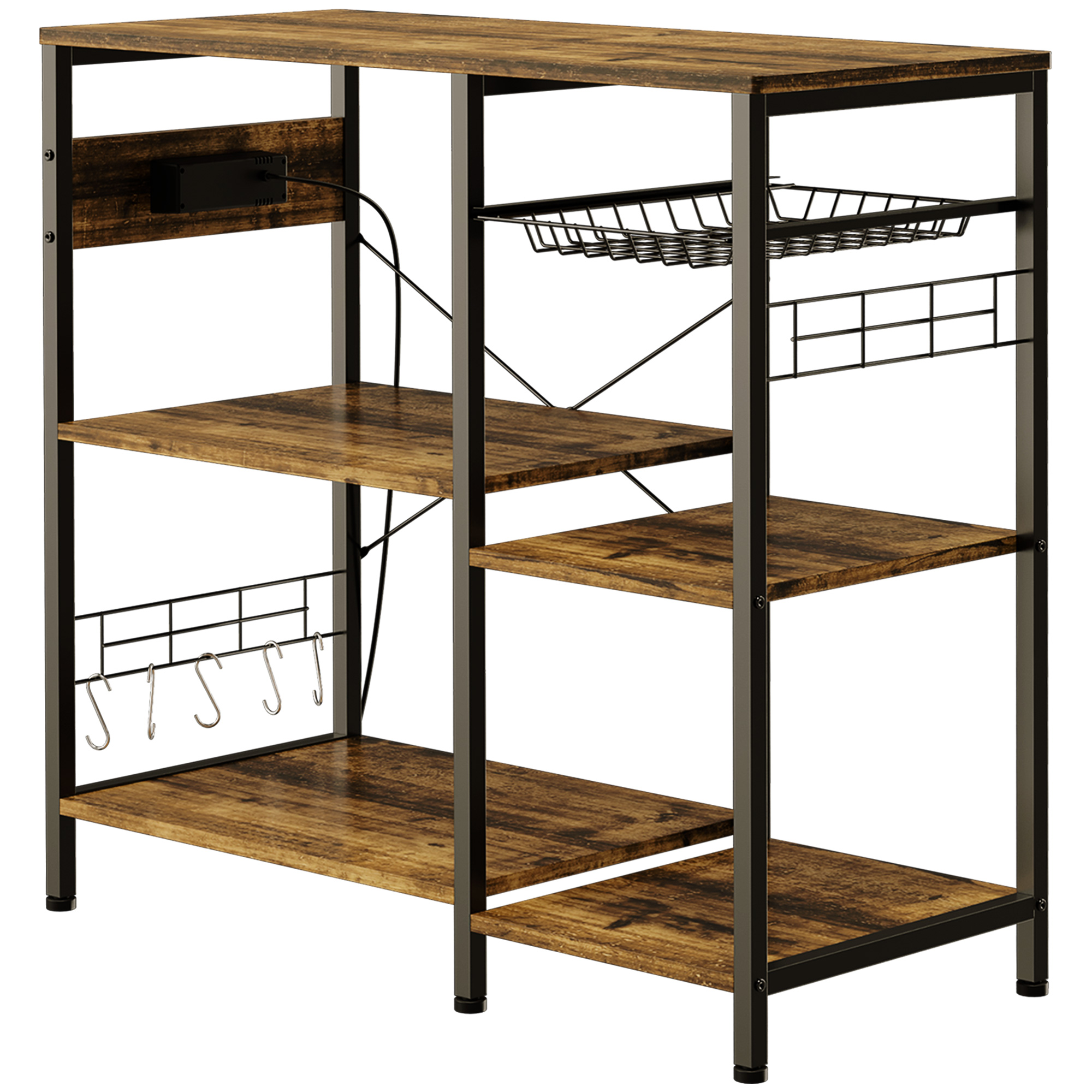 HOMCOM Kücheninsel aus Spanplatte mit Steckdose, USB-Port und herausziehbarem Metallkorb, 90x40x83cm, Rustikales Braun Aosom