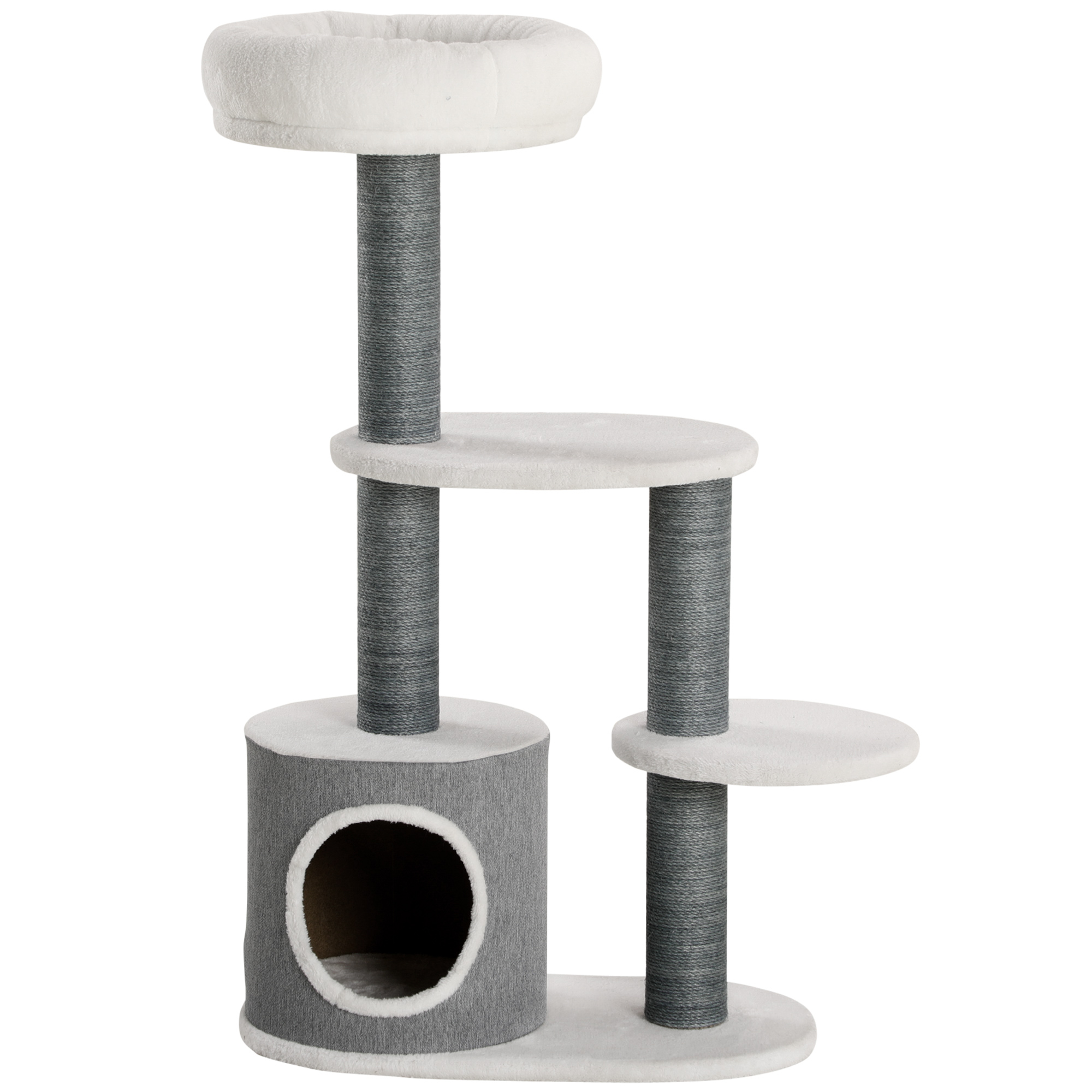 Meilleurs prix pour PawHut Arbre à Chat avec 1 Cachette pour Chat, 1 Lit pour Chat, 2 Plateformes, Poteaux en Corde de Jute, Blanc + Gris