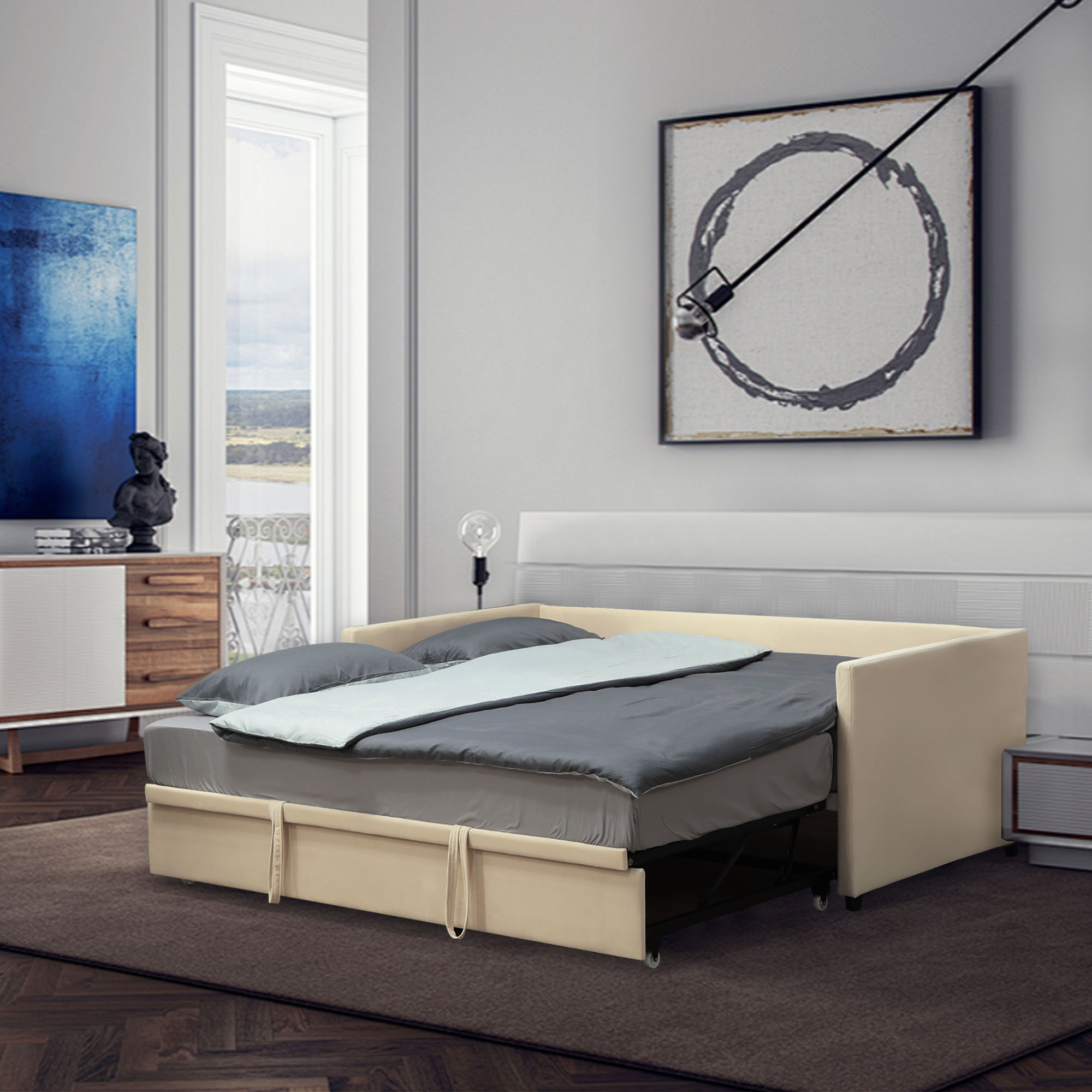 HOMCOM Struttura Letto Singolo Con Secondo Letto Estraibile – Divano A 3 Posti Con Testiera E Braccioli, Rete A Doghe In Pioppo, Grigio Scuro, 90x190 Cm