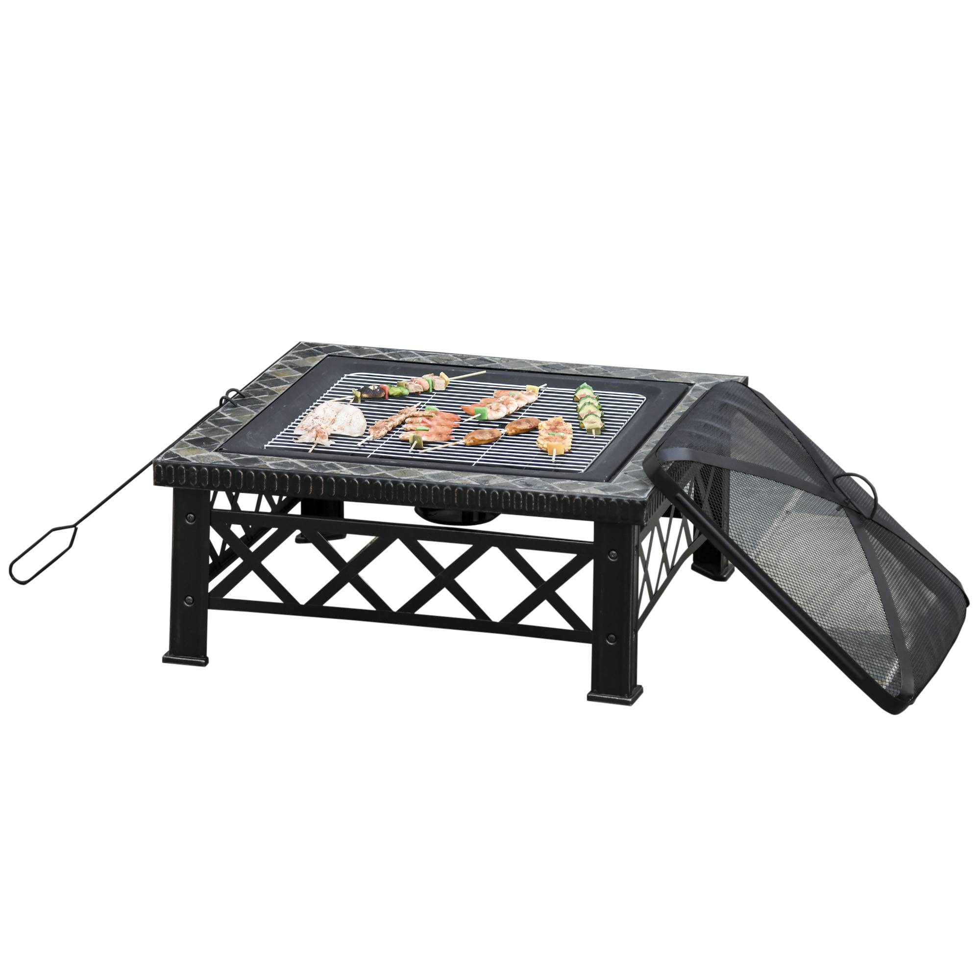 Outsunny 3-en-1 Foyer Mangeoire Brasero avec Grille Pare-étincelles Seau à Glace Jardin BBQ Noir 76cm x 76cm x 47cm