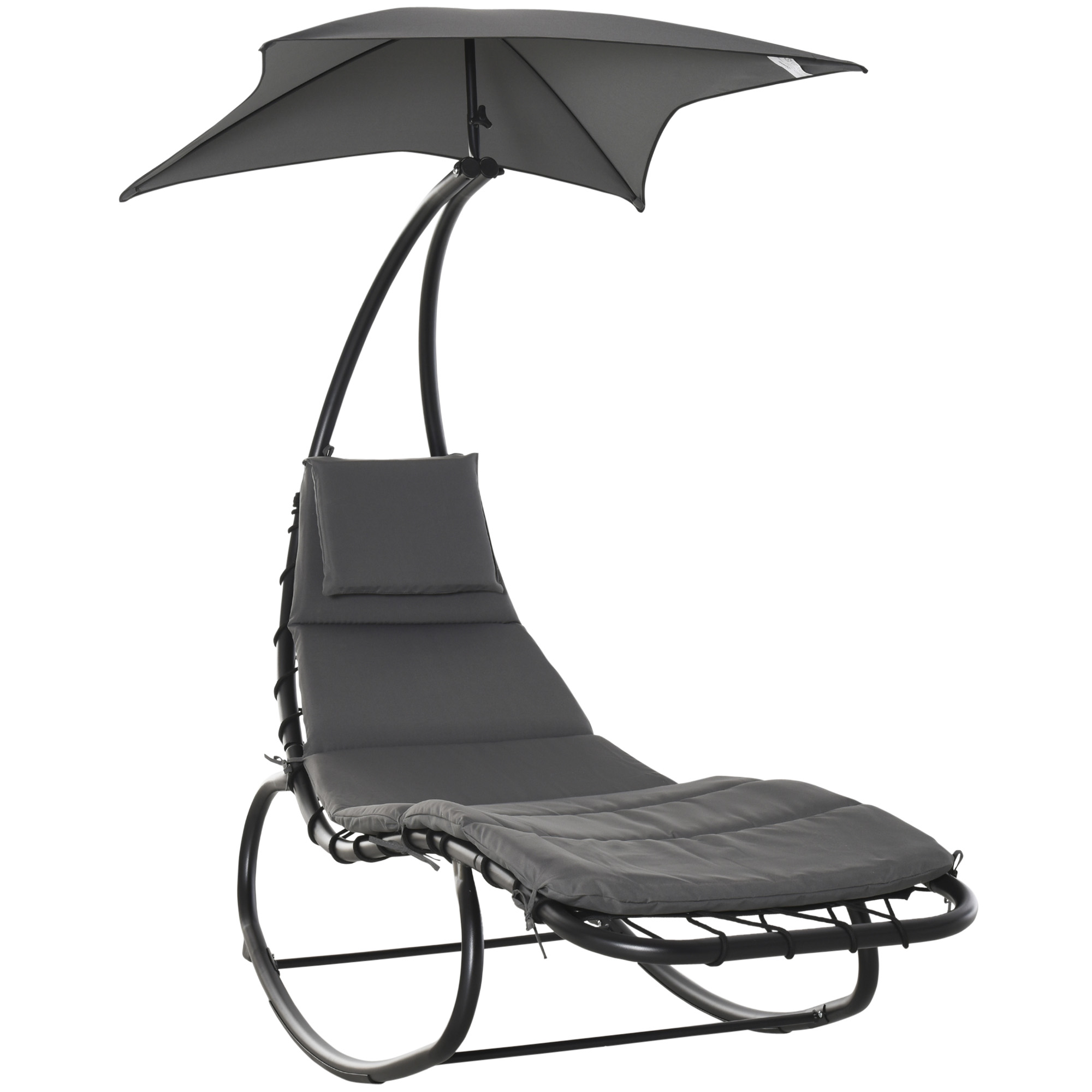 Outsunny Tumbona Mecedora de Jardín, Silla de Playa, Silla Mecedora para Exterior con Asiento Acolchado y Sombrilla Gris 185x114x190cm