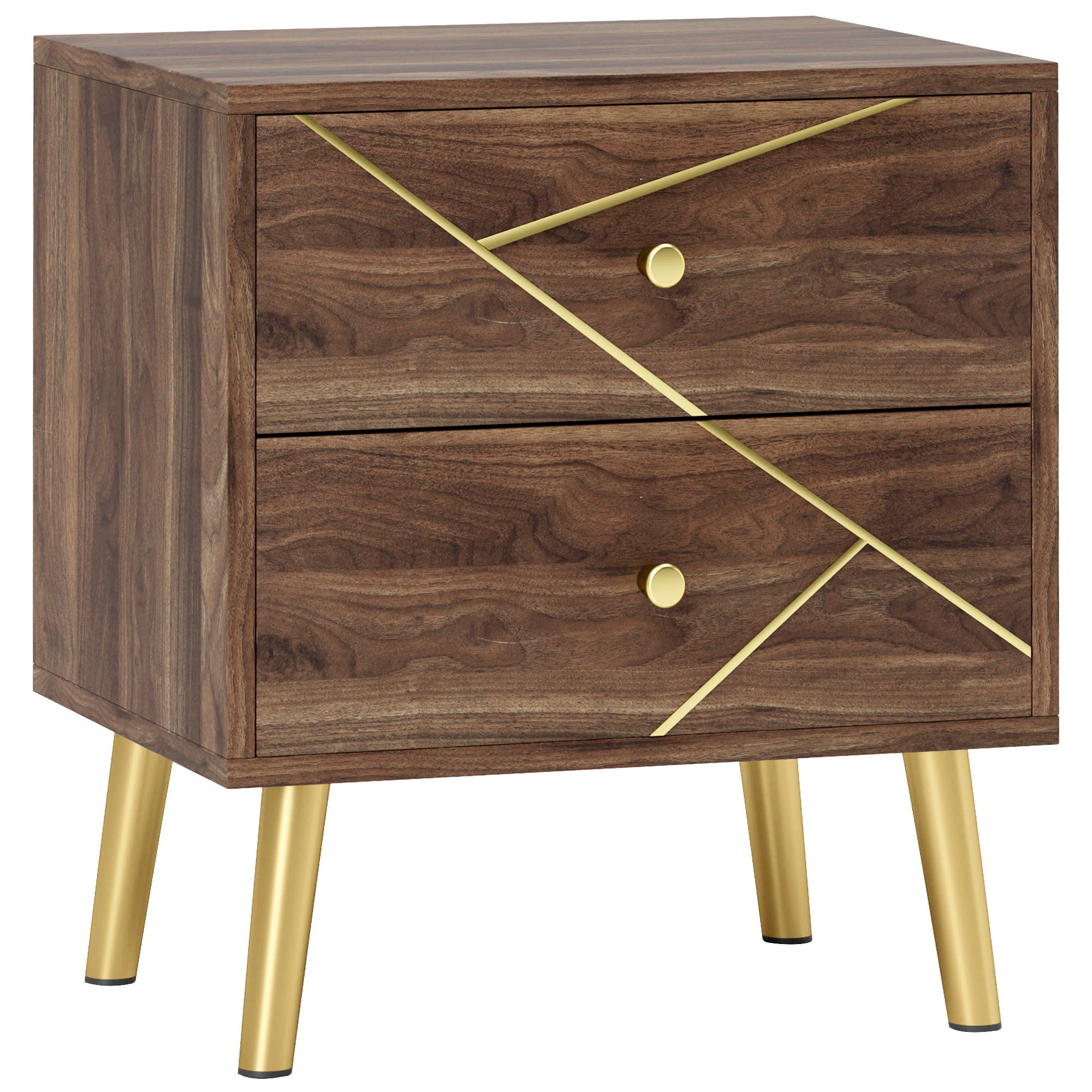 Image of HOMCOM Comodino comodino con 2 cassetti maniglie dorate piedi in acciaio 45 x 35 x 50 cm marrone grano di legno cod005