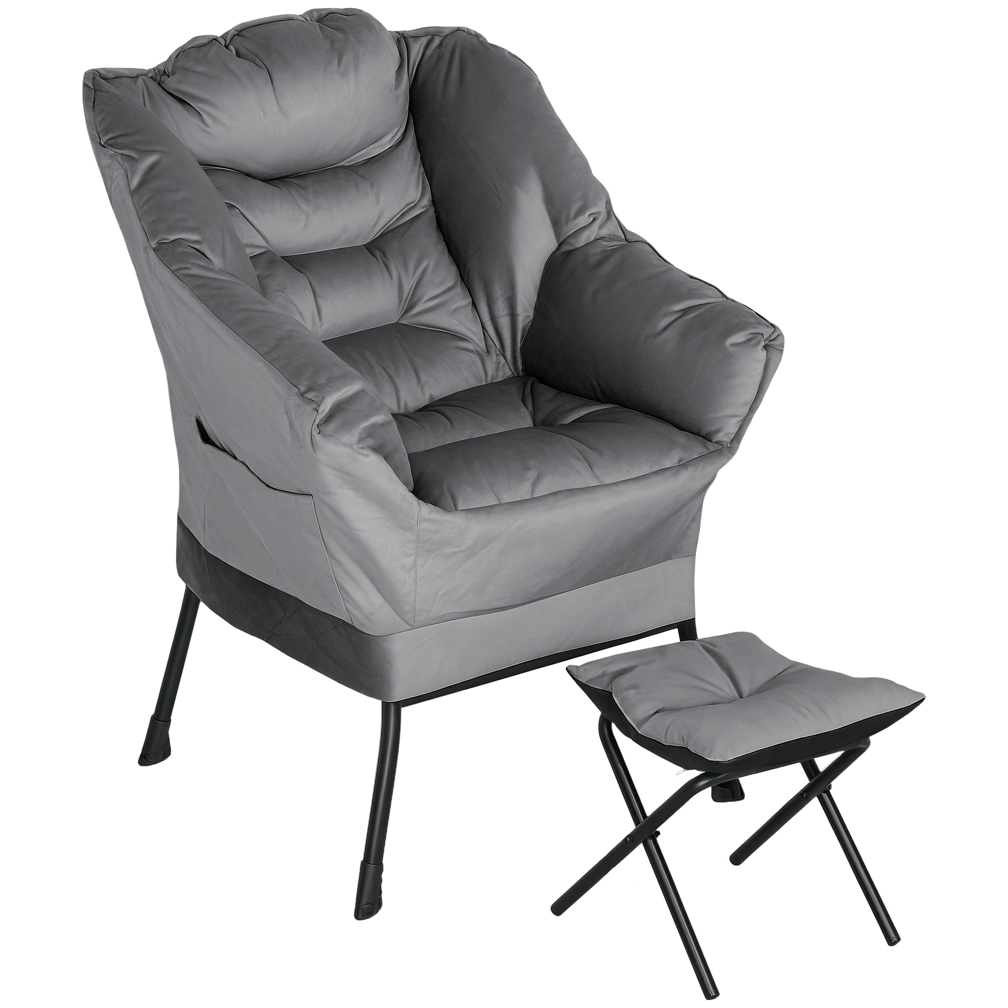 HOMCOM Fauteuil Moderne avec Repose-Pieds et 2 Poches Latérales, en Tissu Effet Velours et Acier, 80x78x100 cm, Gris
