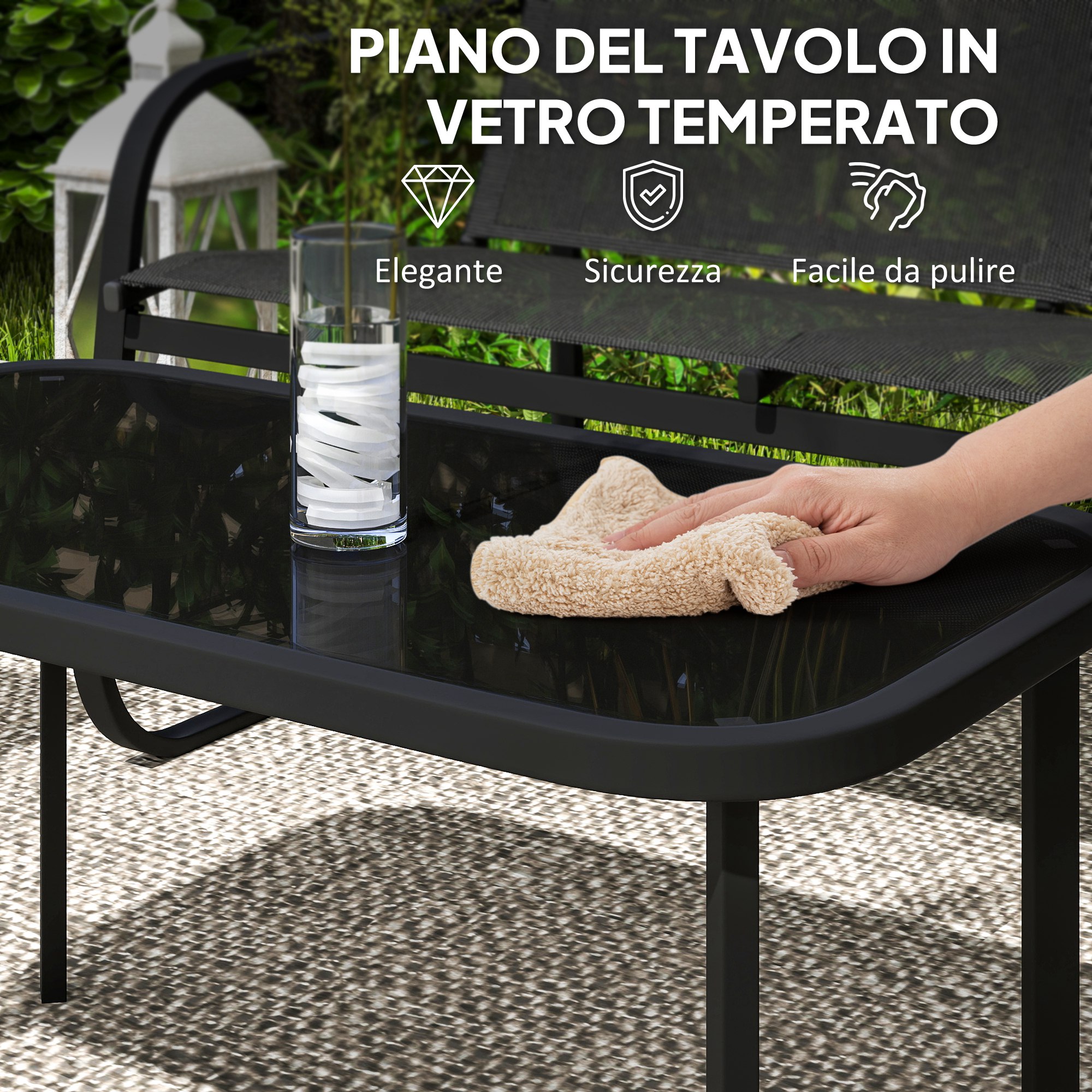 Outsunny Set Salotto Giardino 5 Pezzi | 2 Divanetti + 2 Poltrone + Tavolino Vetro | Acciaio E Textilene Nero - Foto 9