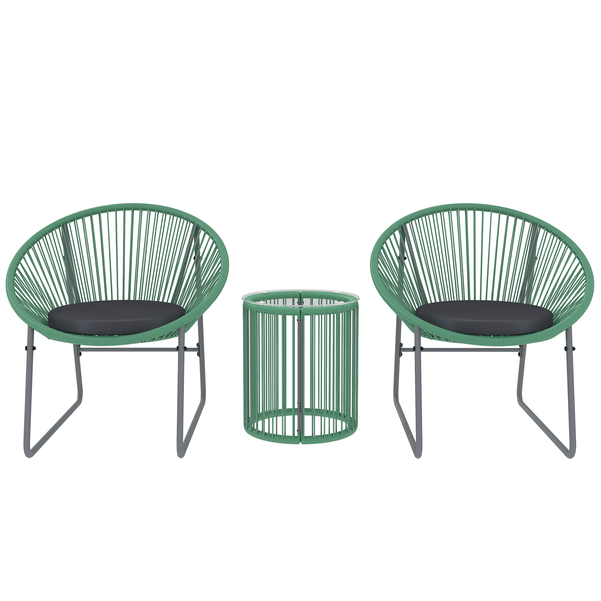 Outsunny Set mobili da esterno 3 pezzi, 1 Tavolo, 2 Sedie, Piano in vetro, Rattan sintetico avvolto intorno a telai in acciaio, Cuscini soffici, Verde