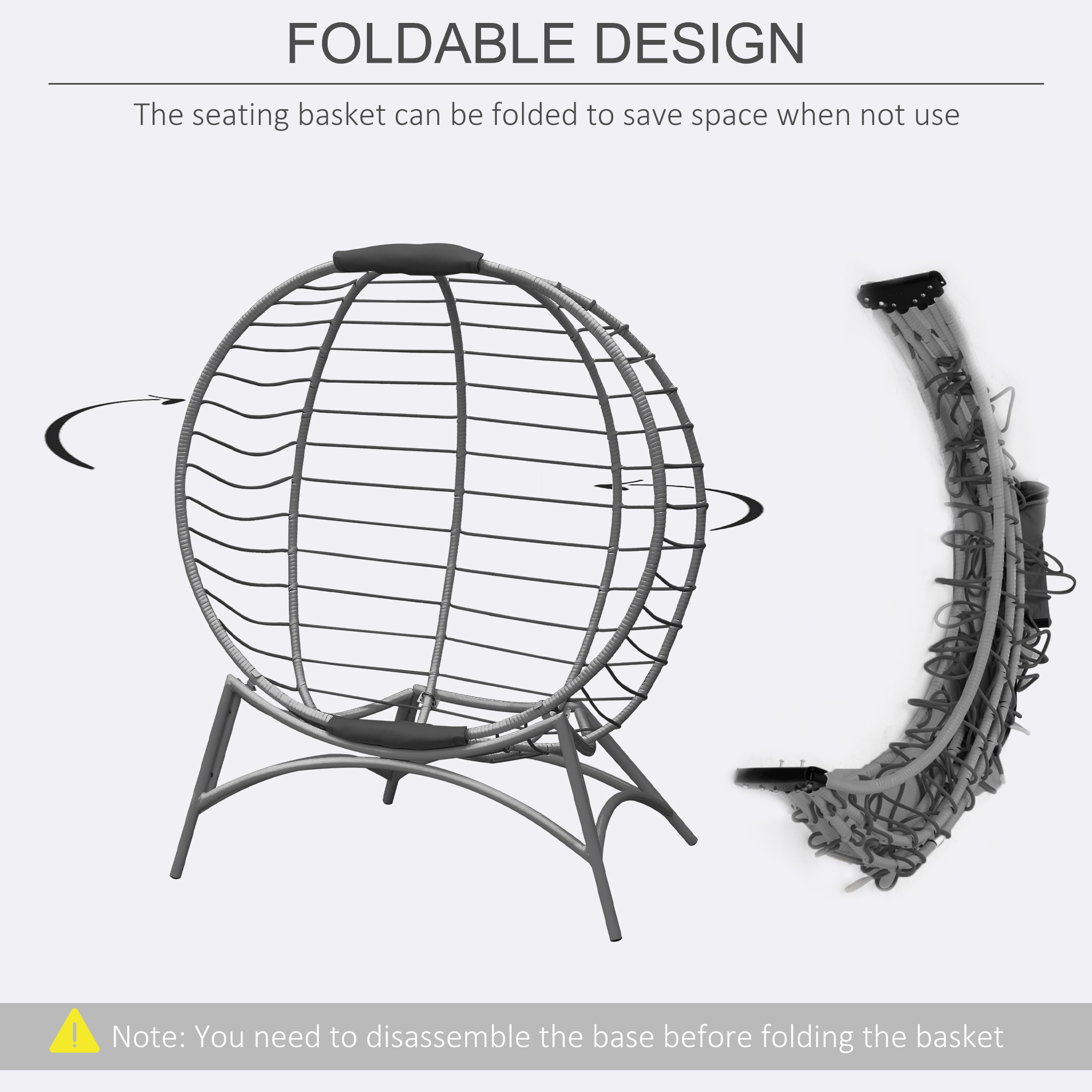 Outsunny Folding Rattan Egg Chair, Freestanding Basket Chair with Cushion, Bottle Holder Bag for Outdoor or Indoor, Grey 6