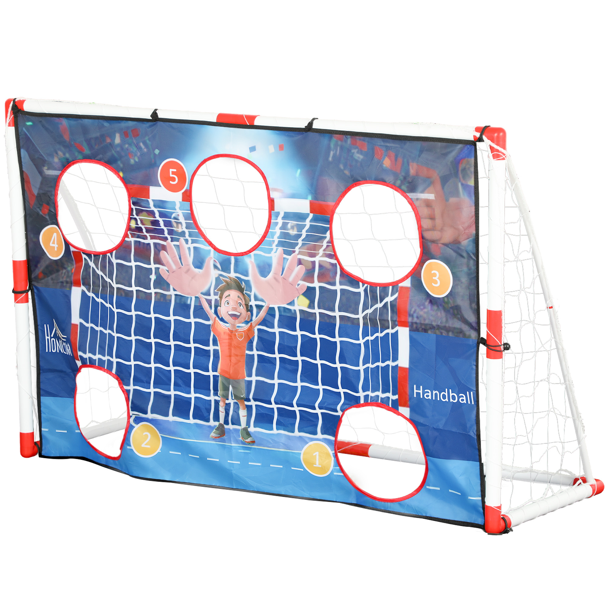 HOMCOM Handballtor für Kinder im Freien, Tor mit 5 Zielschießzonen, aufblasbarer Handball, Pumpe, U-förmige Erdnägel, leichter Rahmen   Aosom – HOMCOM