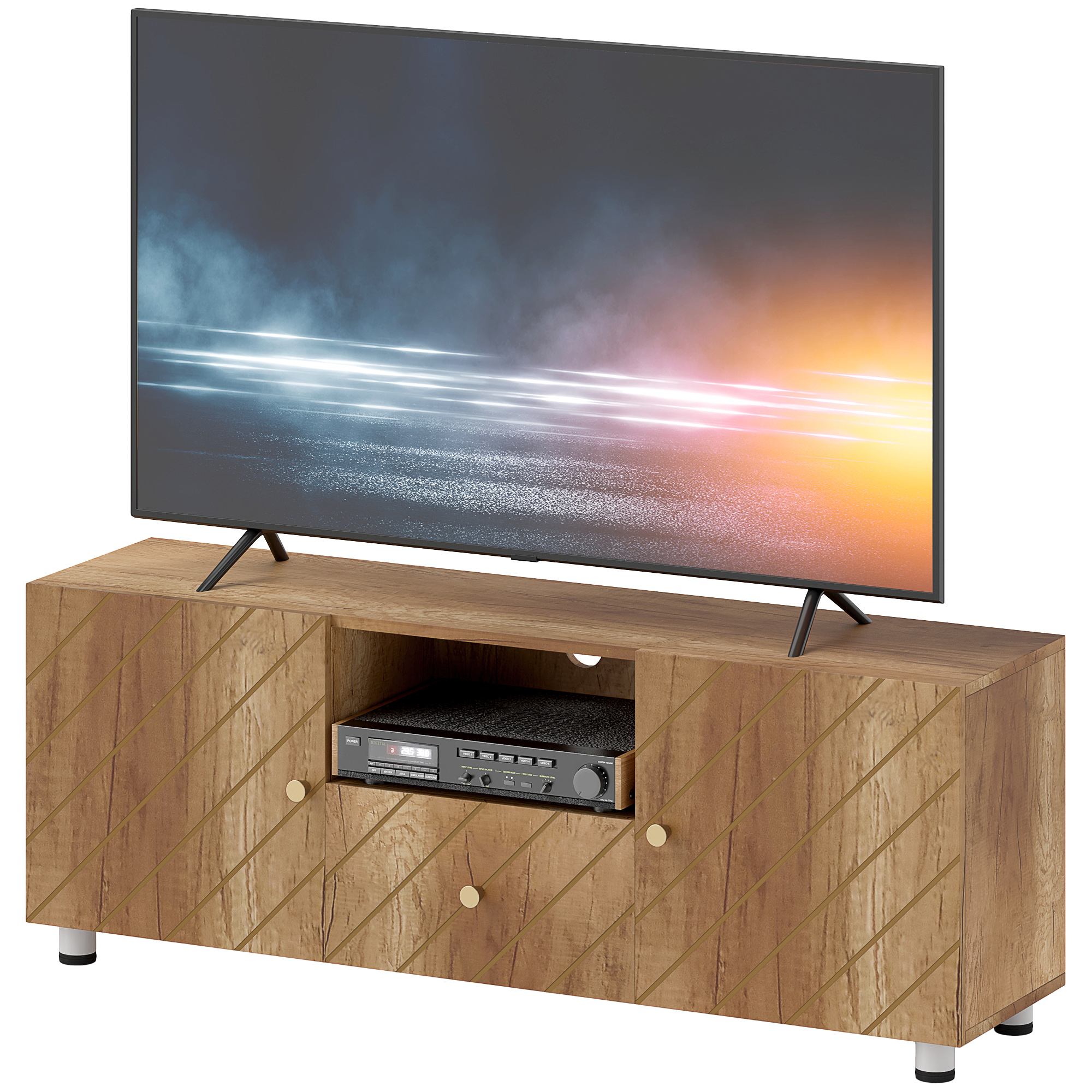 HOMCOM TV-Ständer TV-Möbel Holz TV-Bank für Fernseher bis zu 50 Zoll mit 2 Schränken und offenem Fach und Schublade für Wohnzimmer Schlafzimmer, 120 x 30 x 45 cm, Naturholz   Aosom – HOMCOM