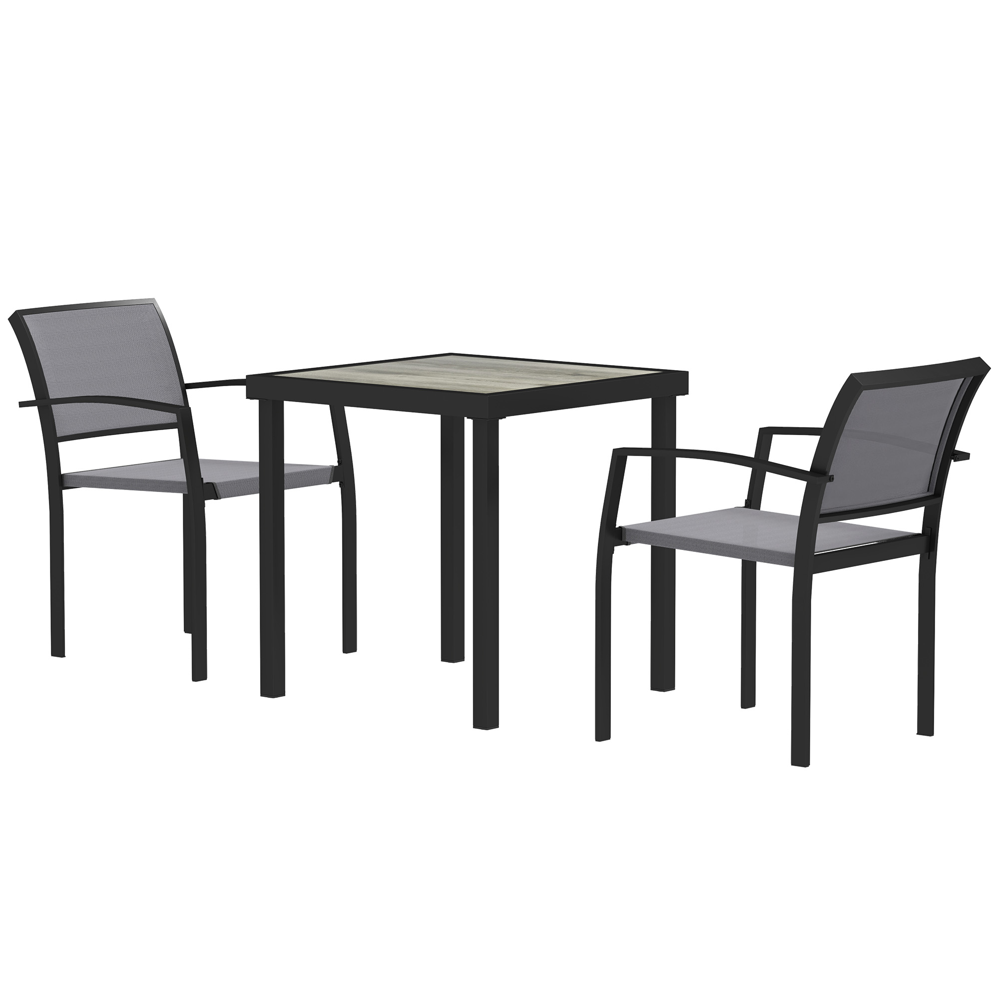 Outsunny Ensemble de 3 pièces pour repas en extérieur, table en imitation bois, 2 chaises, résistant aux intempéries, cadre en acier, mobilier de terrasse, Gris