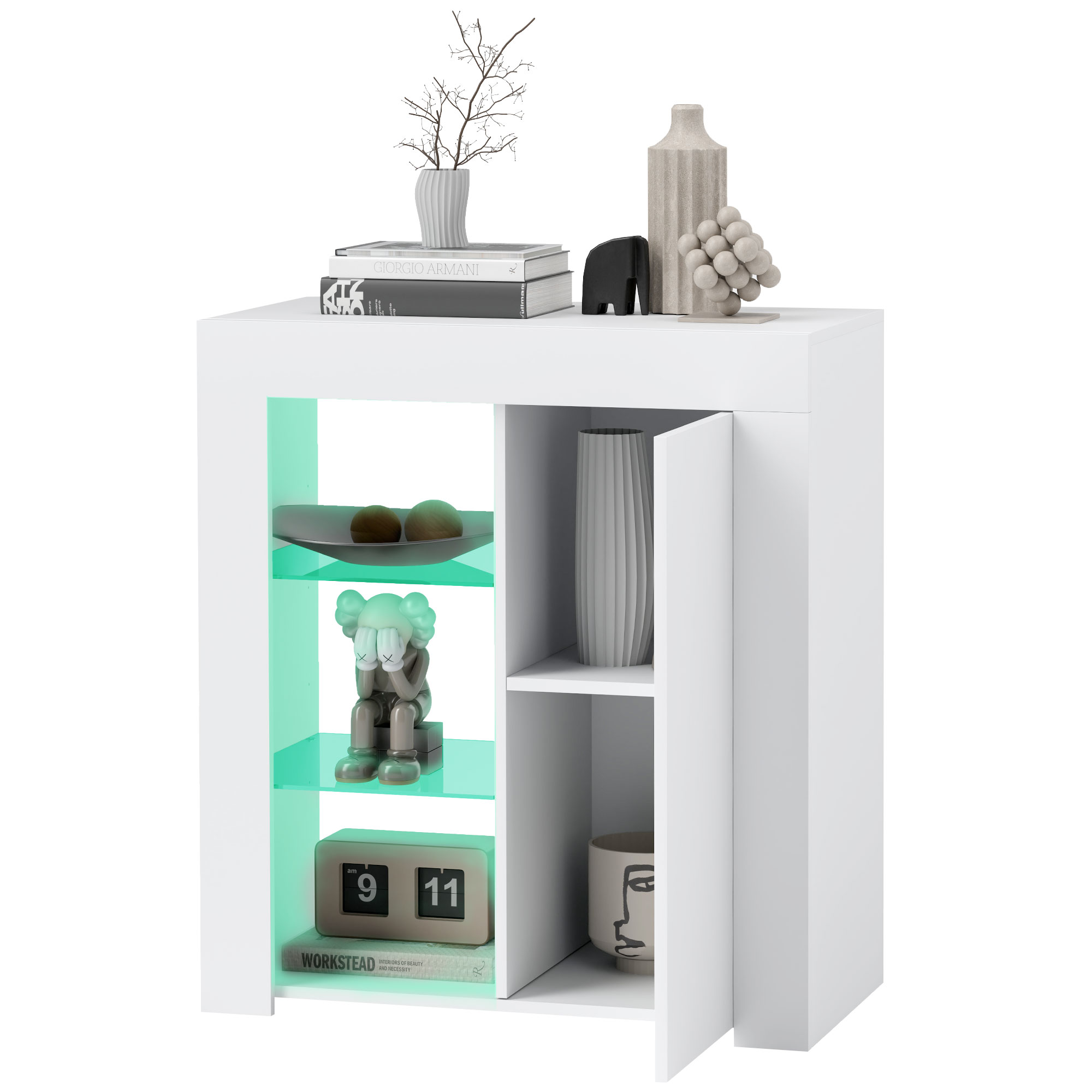 HOMCOM Wohnzimmermöbel mit LED-Lichtern, 3 verstellbaren Glasregalen und 2-stufigem Schrank, Moderne Sideboard-Kommode aus Spanplatte für den Eingang, 75x40,1x83 cm, Weiß Aosom