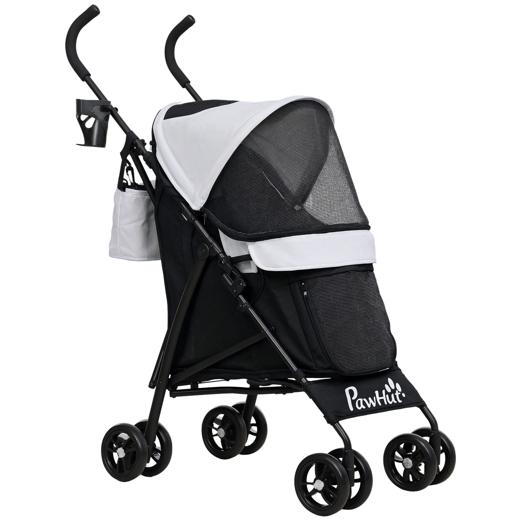 PawHut Carrito plegable para perros 4 ruedas con estructura paraguas, ligero, plegable, bolsillo de almacenamiento, carga 4 kg, gris claro