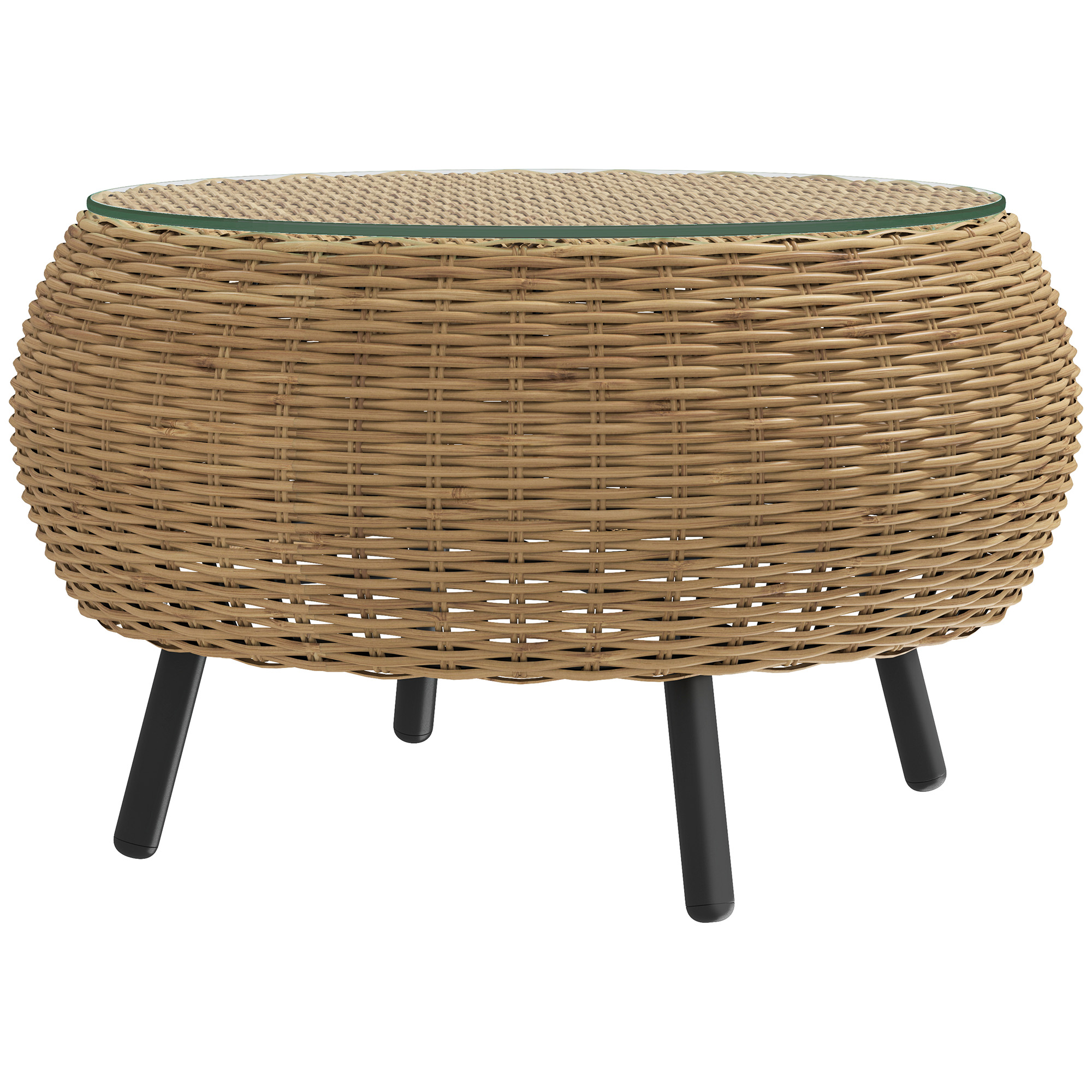 Outsunny Table d'appoint en rotin ronde Table basse Table de salon avec plateau en verre Ø75 x 42 cm Marron