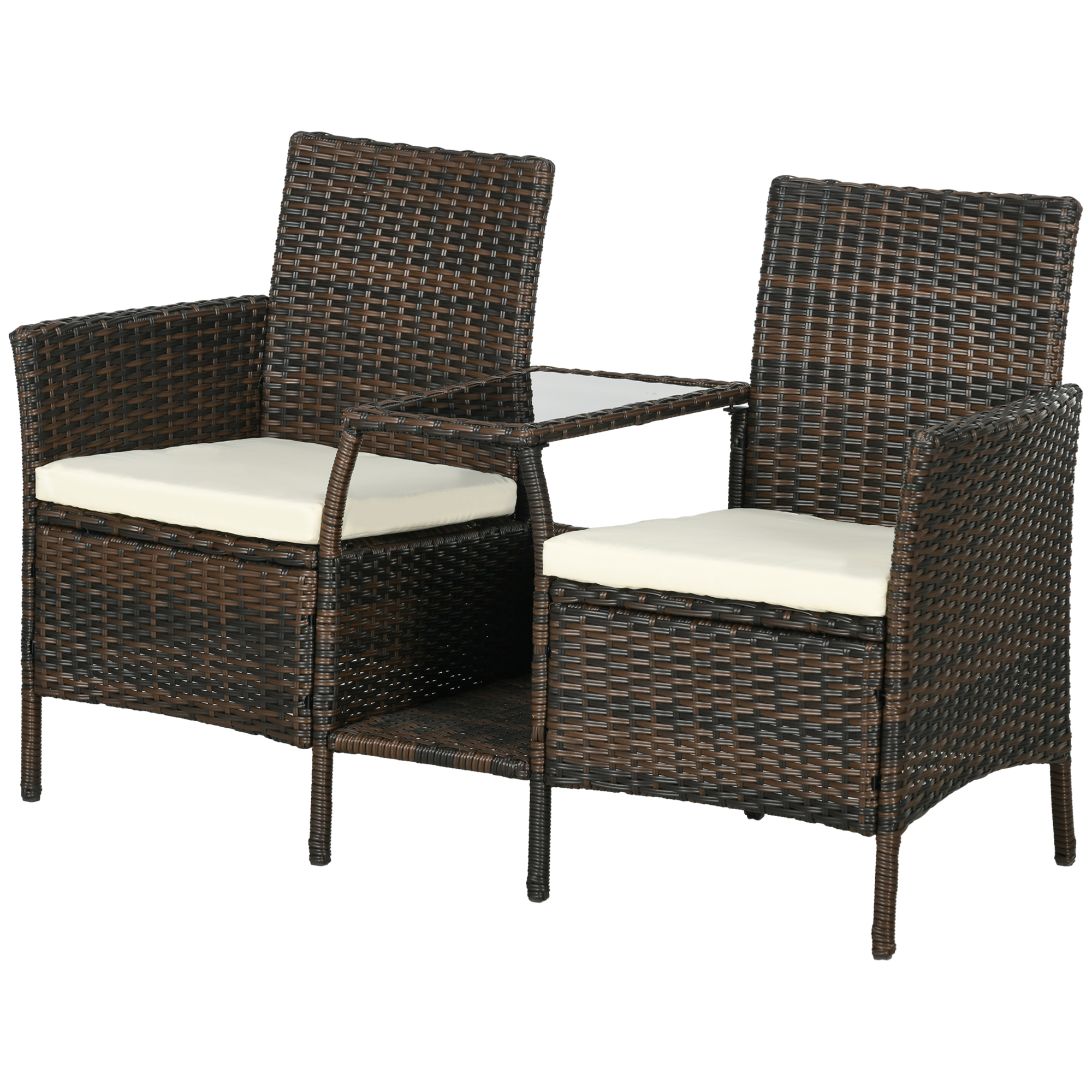 Outsunny Ensemble de Jardin en Rotin avec 2 Chaises Modernes et Table Basse, 138x60x87 cm, Marron
