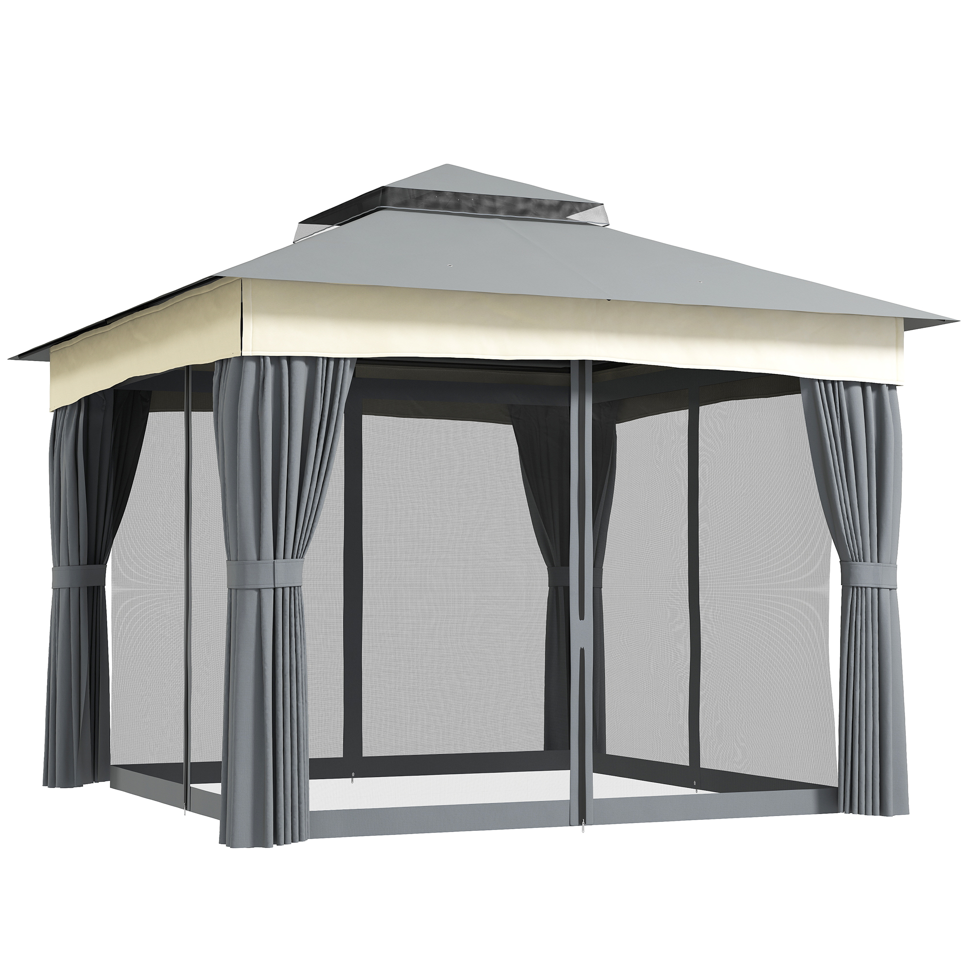 Outsunny Gazebo con Tetto Doppio, 3x3 m Impermeabile Stabile Resistente all'Inverno Gazebo da Giardino in Metallo Grigio Scuro