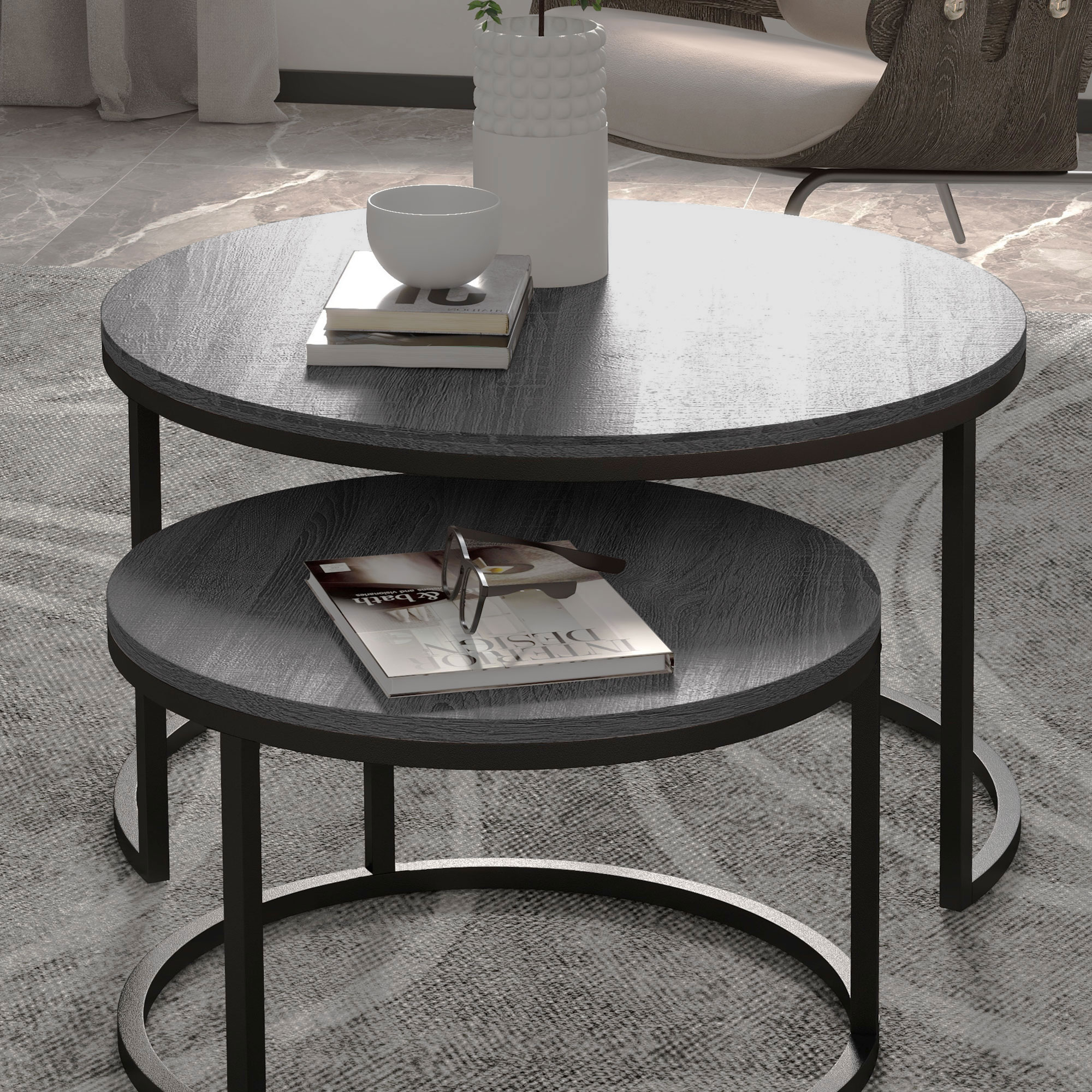 Set 2 Tavolini Nidificanti HOMCOM - Nero Opaco, Stile Industriale, Acciaio, Dimensioni 40x40 E 35x35 Cm